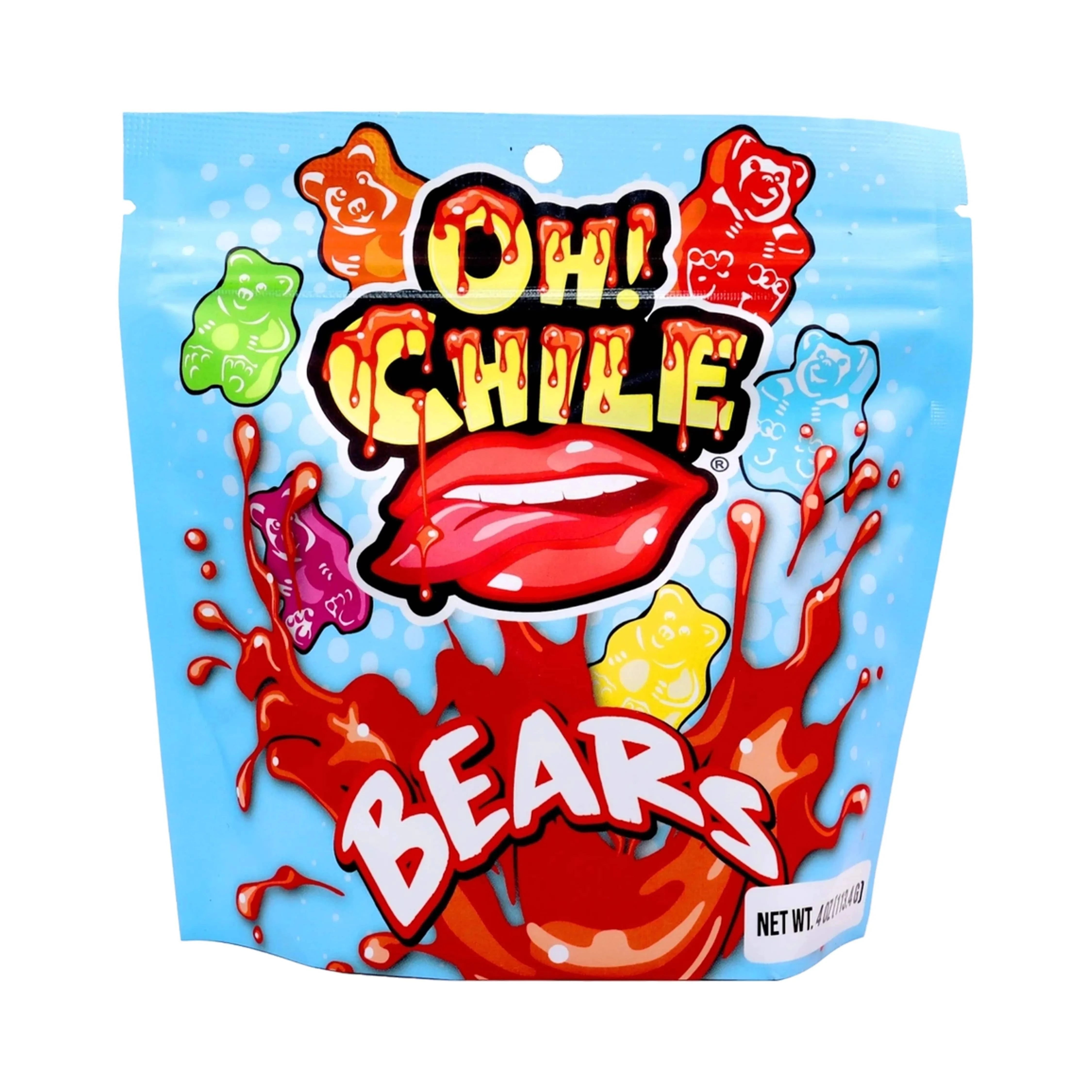 Close-up of the colorful pouch artwork on the Oh! Chile Bears - 4 oz. showing dripping red lips and gummy bear splashes on a light blue background