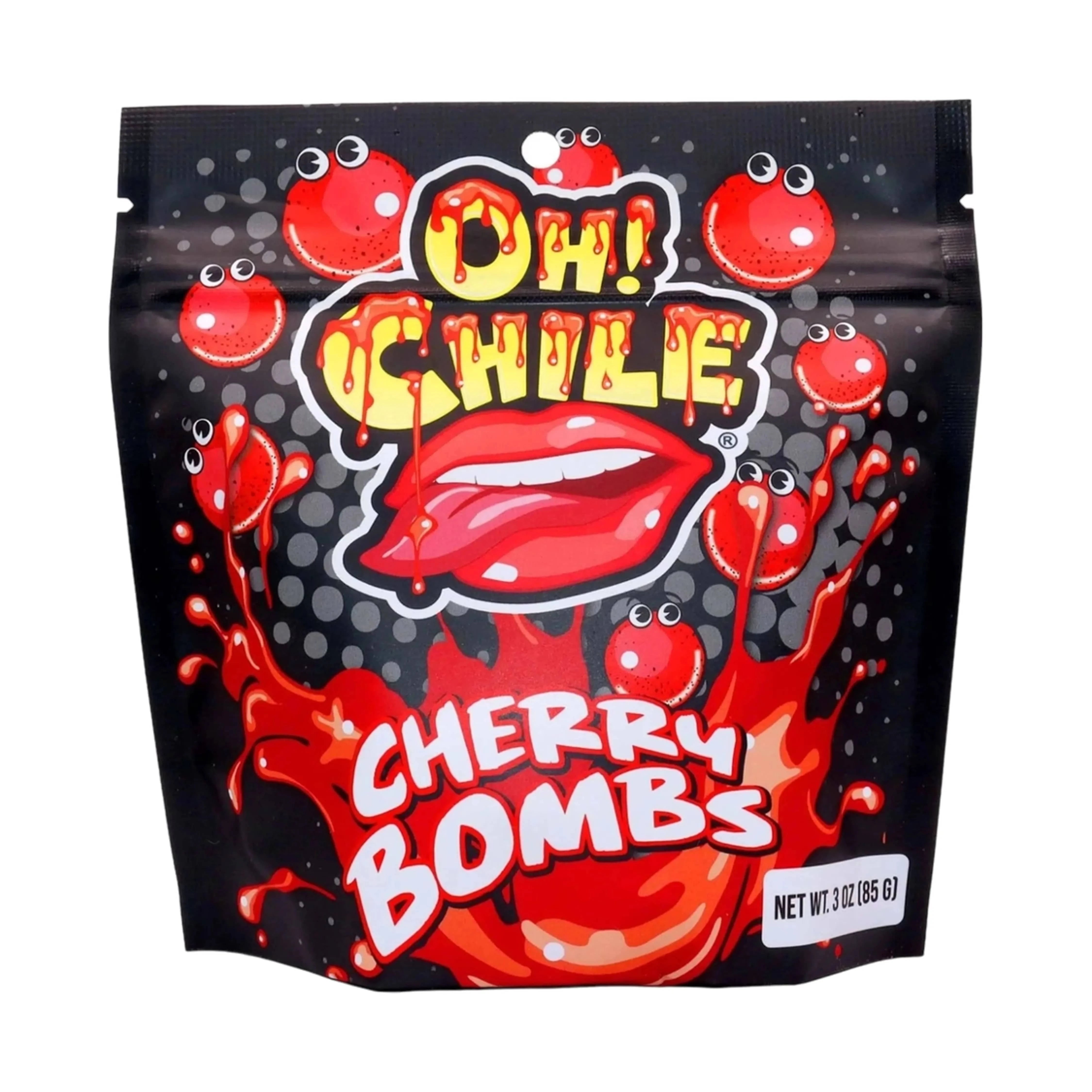 Close-up front view of the Oh! Chile Cherry Bombs - 3 oz. pouch showing dripping red lips and cartoon cherry splashes on a black dotted background