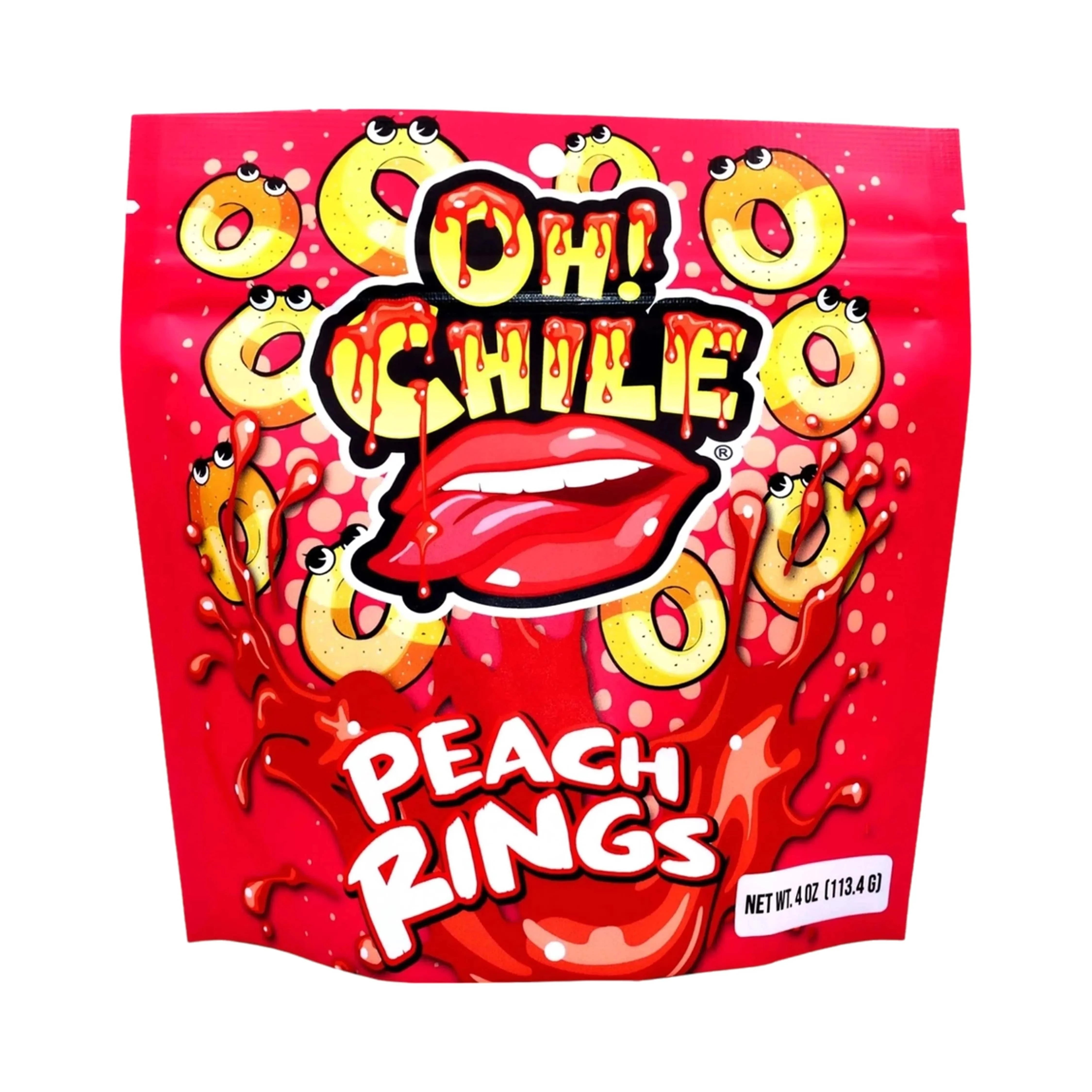 Bright close-up of the red Oh! Chile Peach Rings package showing dripping lips artwork and cartoon peach ring characters.