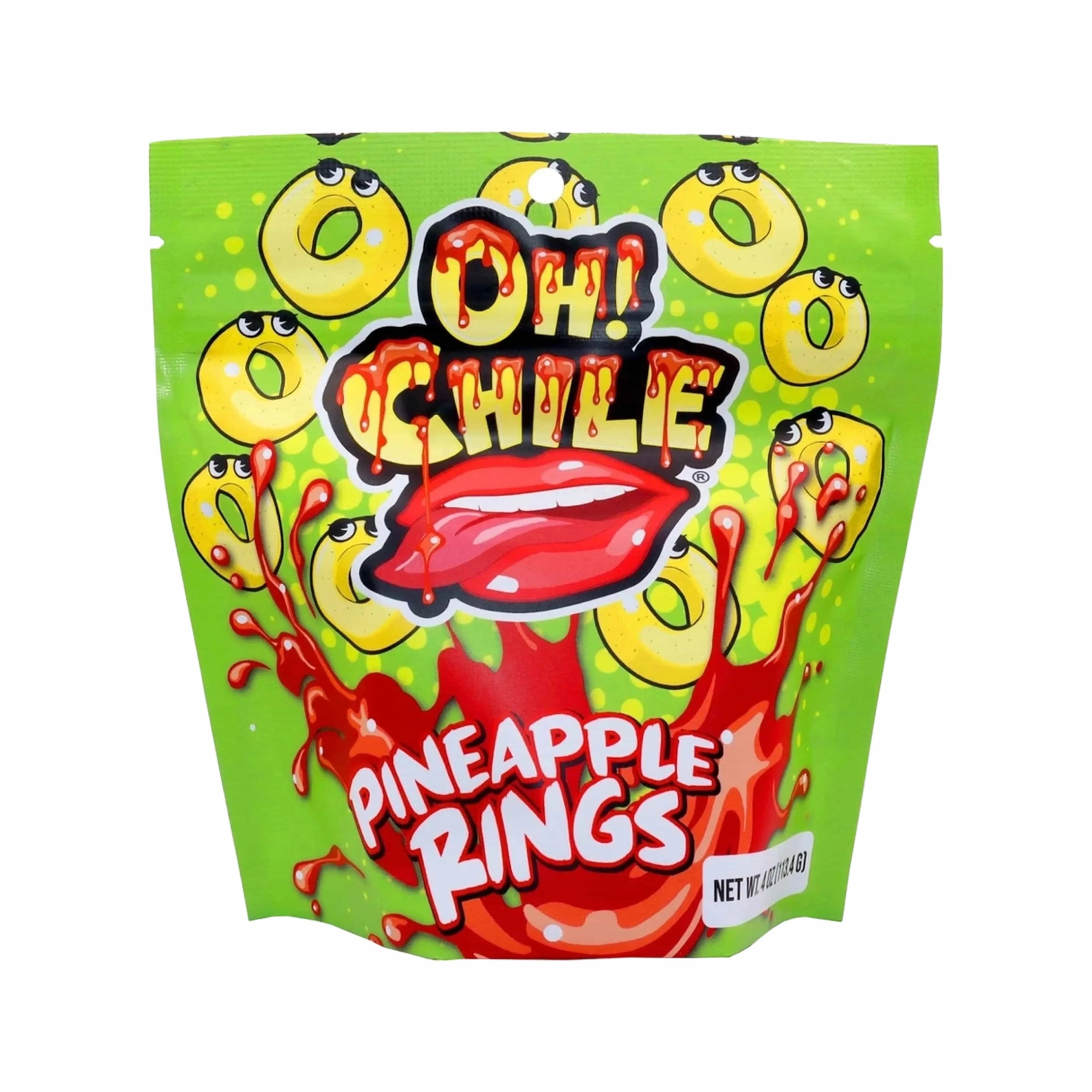 Top-cropped front view of the bright green Oh! Chile Pineapple Rings - 4 oz. pouch with dripping red lips and cartoon pineapple rings.