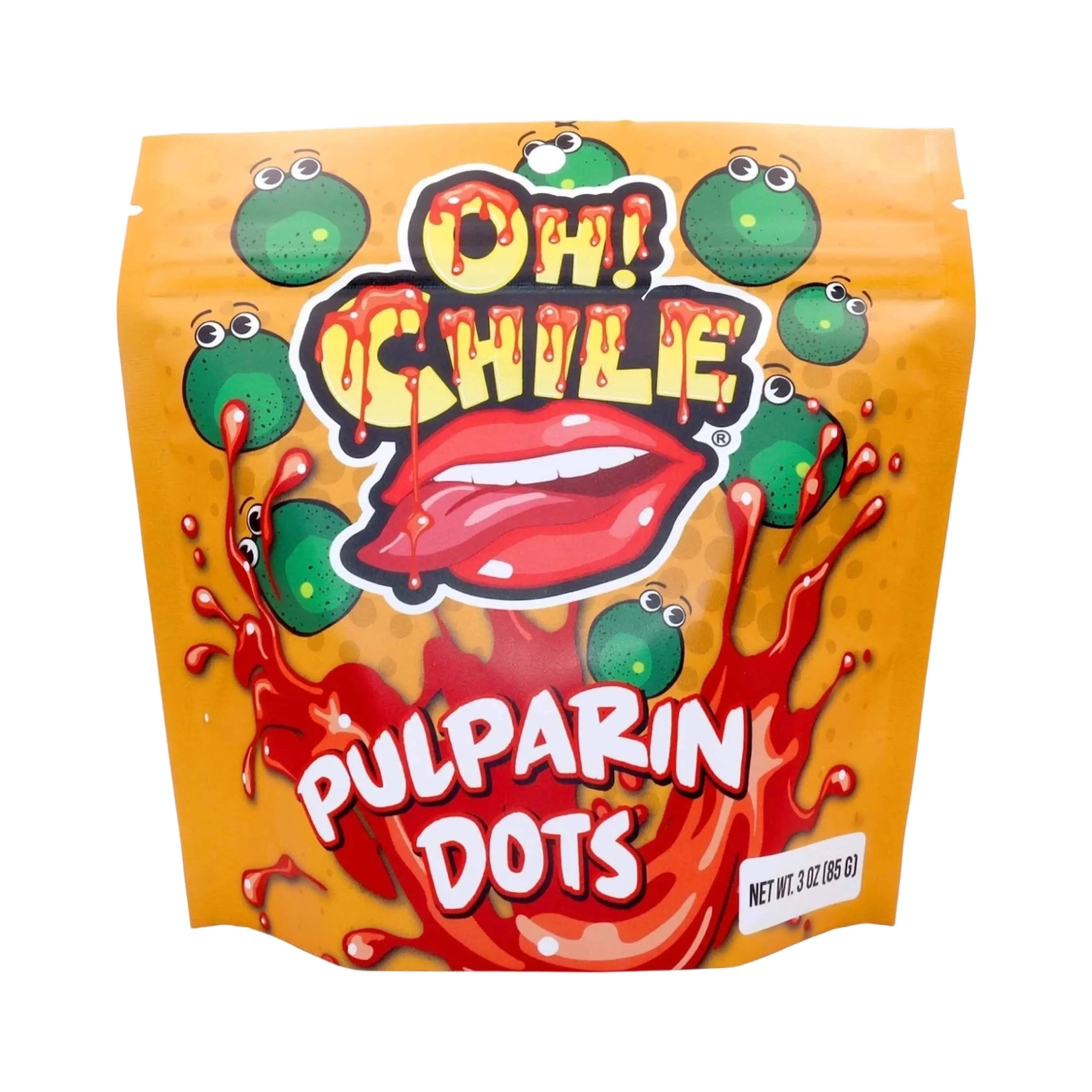 Close-up of the orange package artwork showing a dripping-lip graphic and green dots on the "Oh! Chile Pulparin Dots - 3 oz." bag