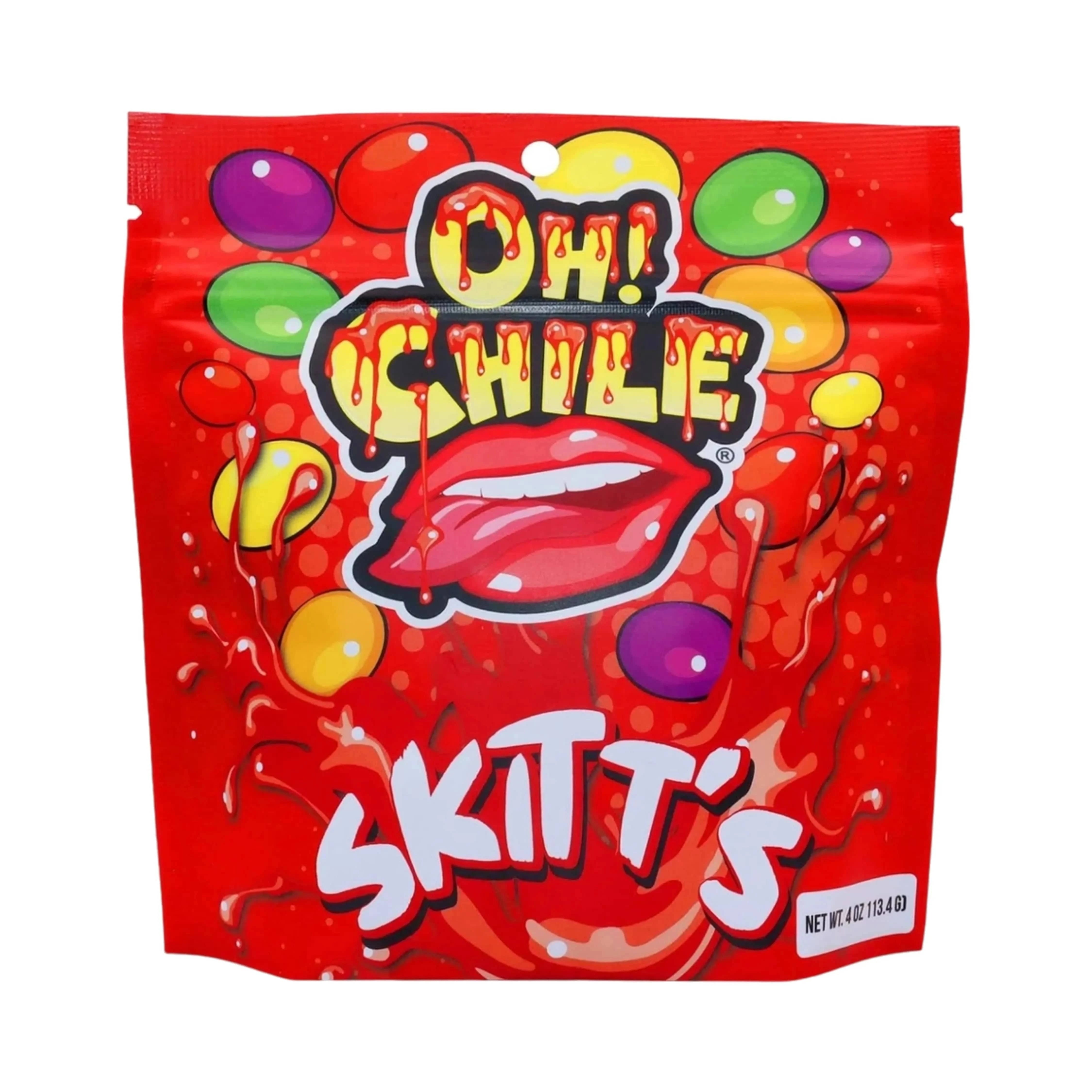 Top-close view of a red pouch featuring the Oh! Chile Skitt's - 4 oz. logo with dripping yellow letters and glossy candy dots