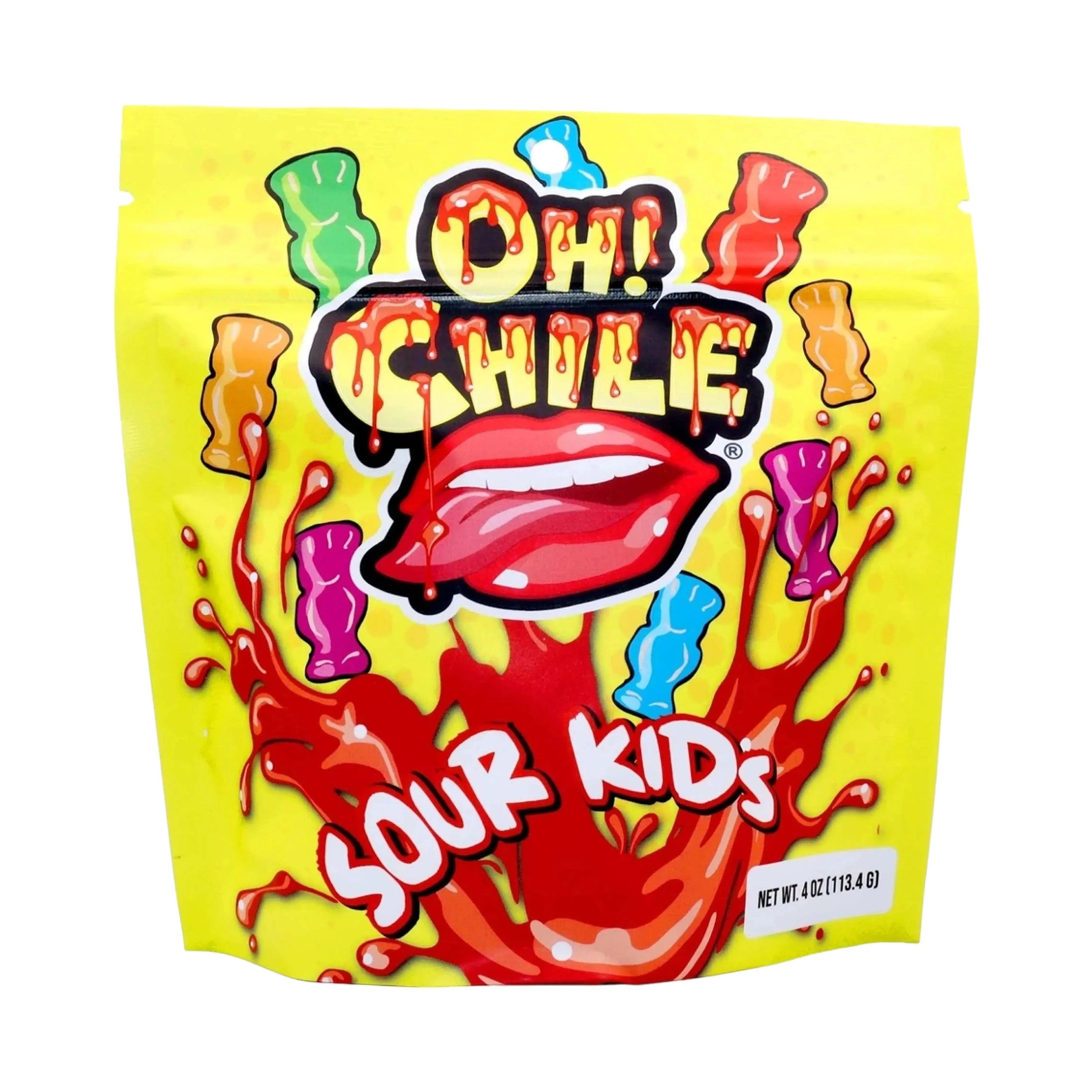 Close-up front view of the bright yellow bag featuring the dripping lips graphic for Oh! Chile Sour Kids - 4 oz.