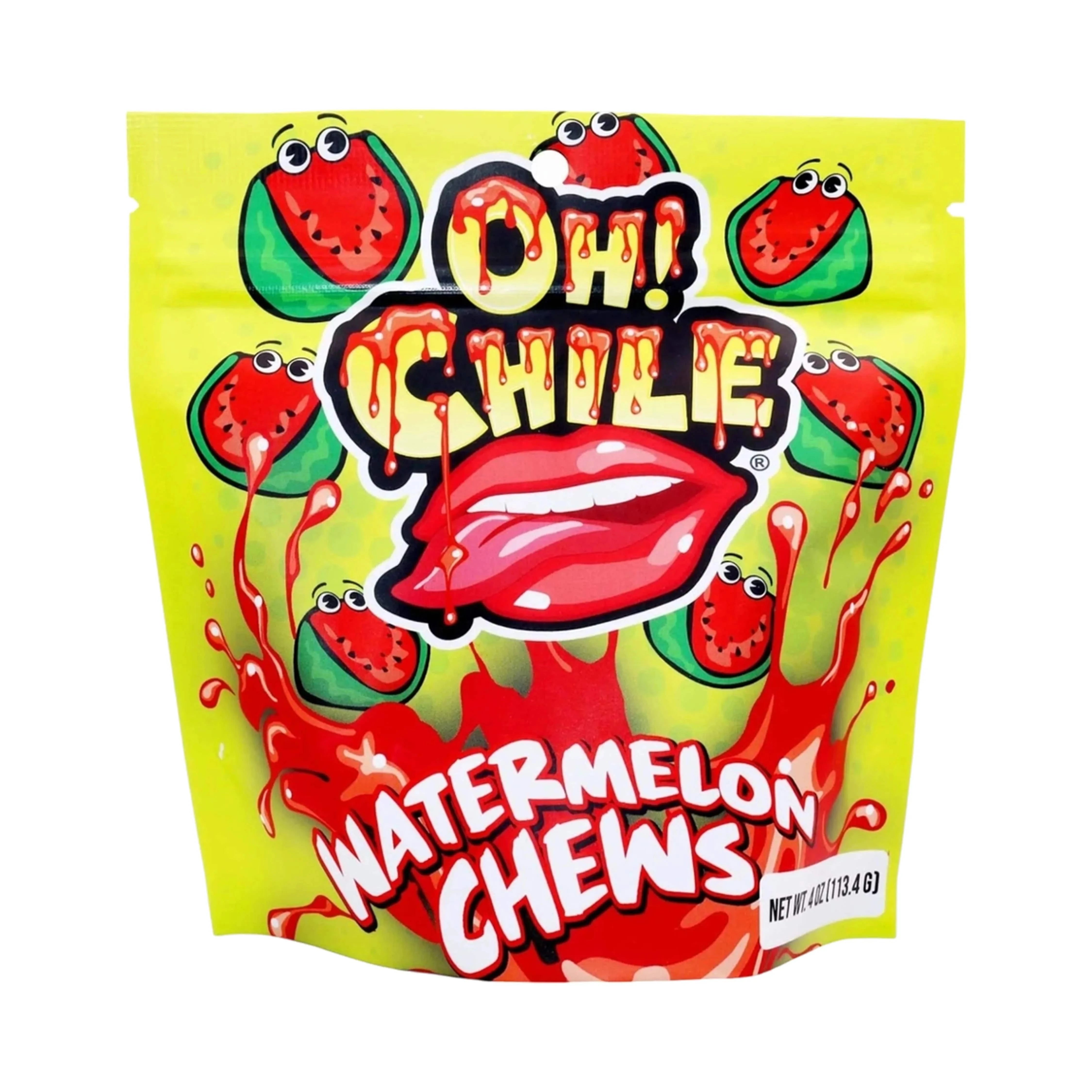 Top portion close-up of the bright yellow package showing the dripping logo and cartoon lips on the Oh! Chile Watermelon Chews - 4 oz.