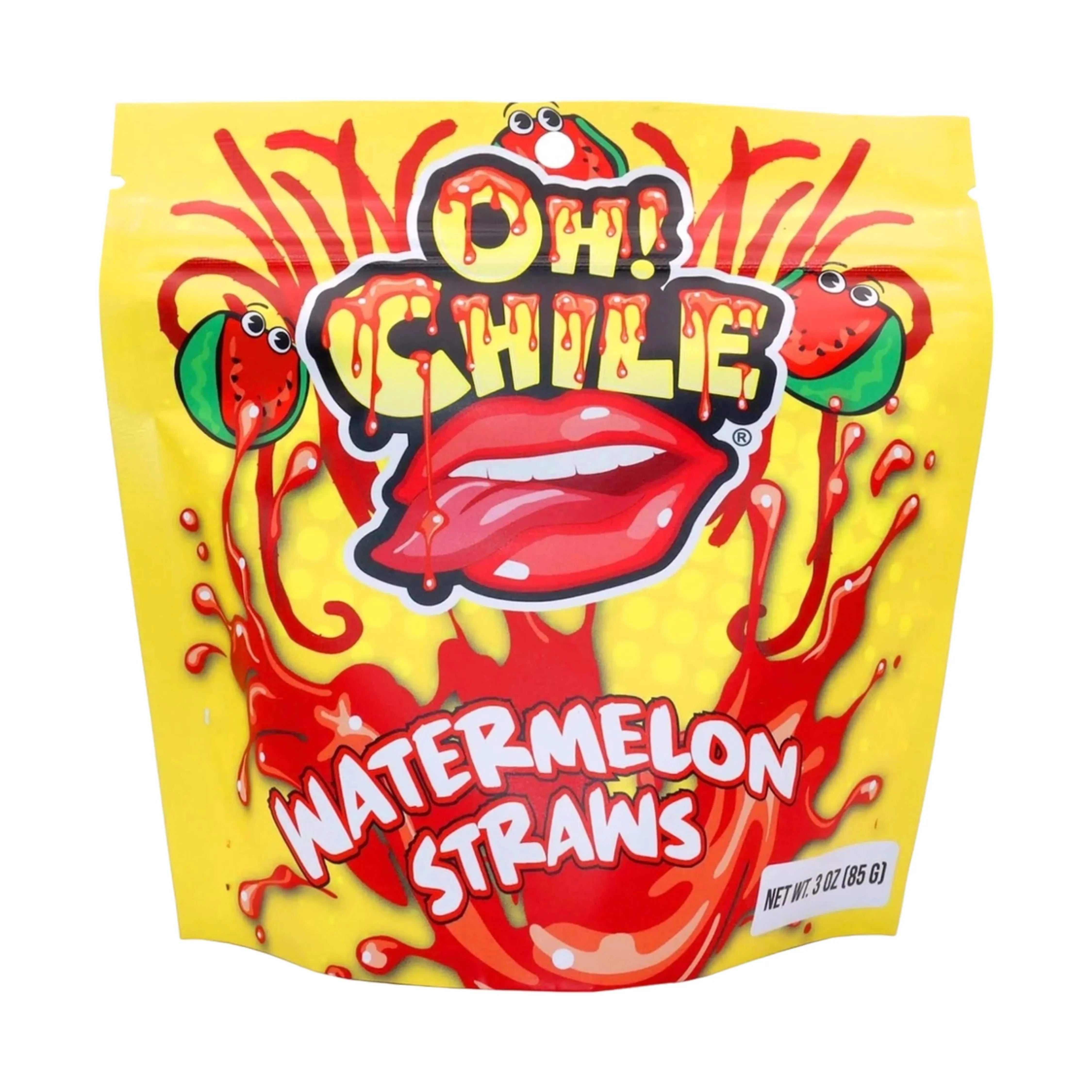 Close-up of the yellow pouch front with a dripping red mouth graphic and watermelon slices on the Oh! Chile Watermelon Straws - 3 oz.