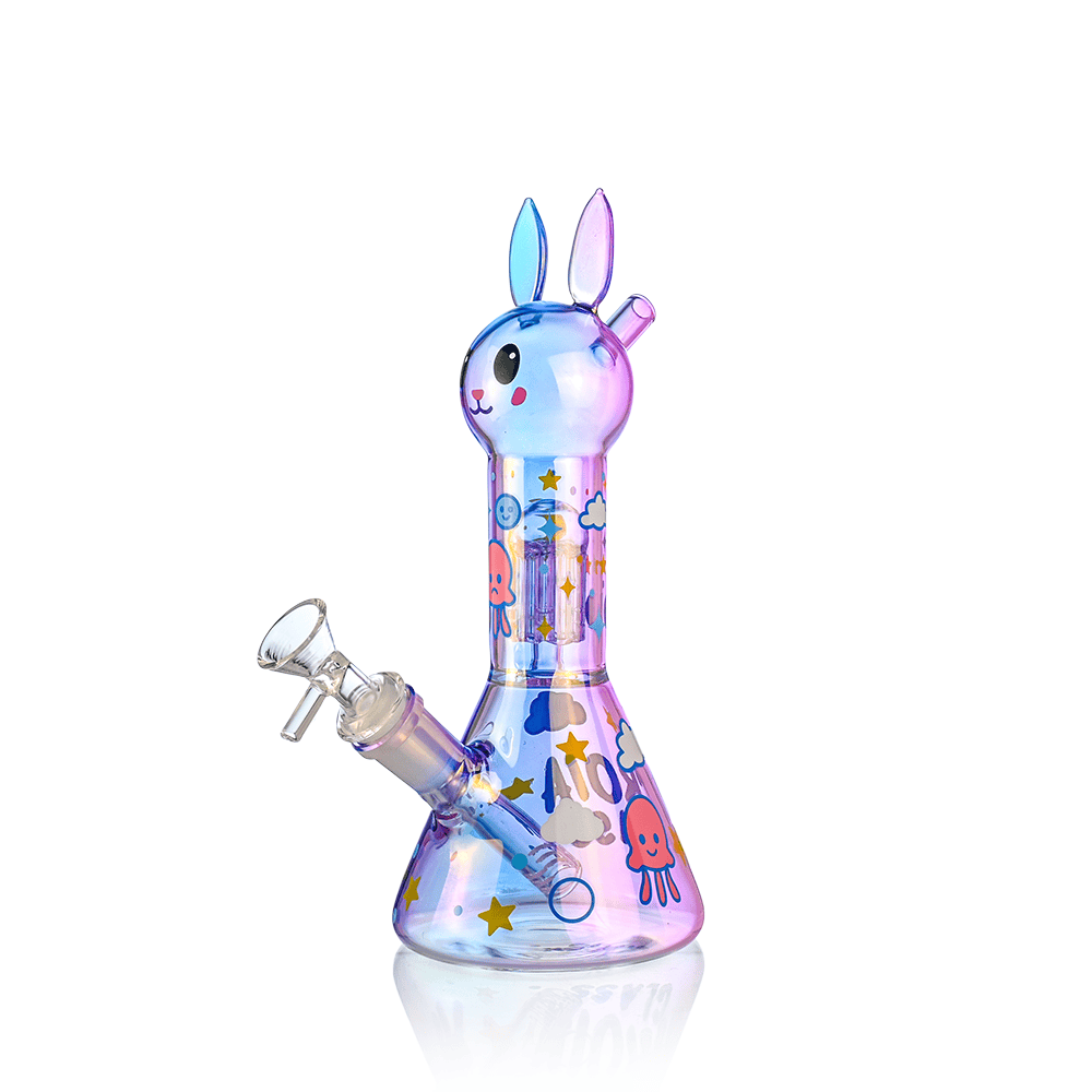 Front view of the Croia Glass Cute Bunny Beaker Bong with Tree Perc | Croia Glass showing a iridescent pastel bunny‑headed beaker with printed stars, clouds, and octopus motifs.