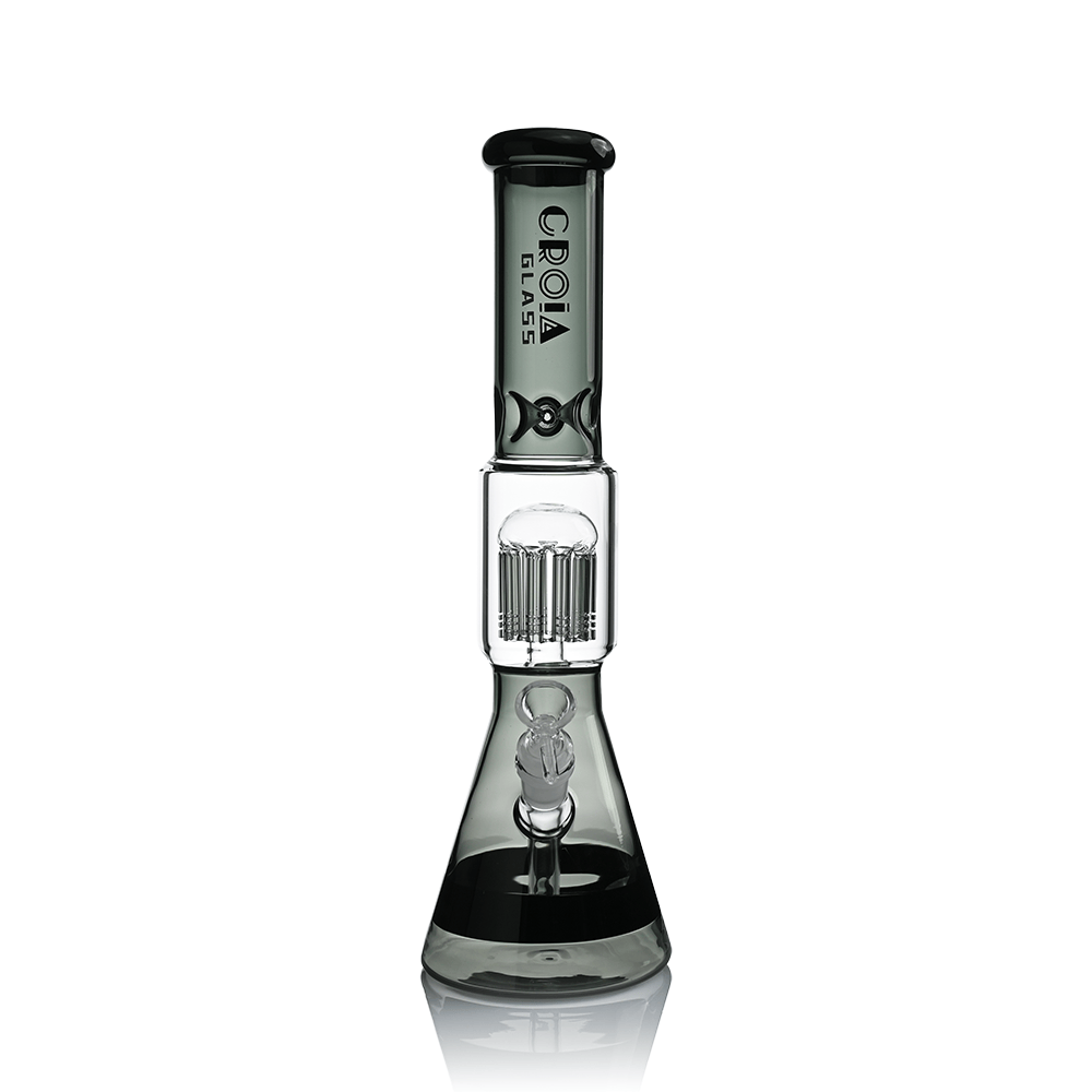 Straight-on view of the Croia Glass 15" Beaker Bong with Tree Perc and Ice Catcher | Croia Glass showing its clear beaker base, central tree perc, and smoked neck logo.