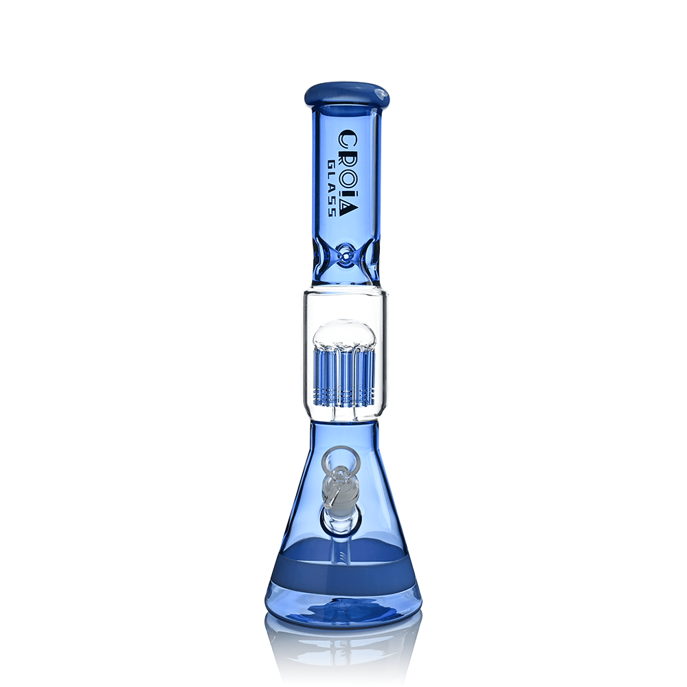 Center-front view of the Croia Glass 15" Beaker Bong with Tree Perc and Ice Catcher | Croia Glass in translucent blue on a white background.