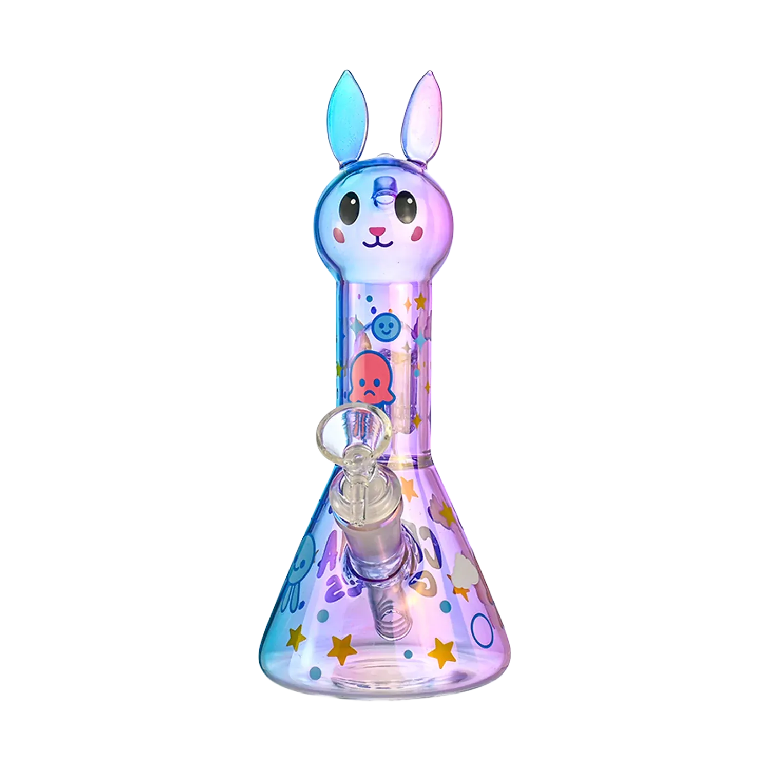 Centered front view of the Croia Glass Cute Bunny Beaker Bong with Tree Perc | Croia Glass showing a pastel iridescent bunny head mouthpiece and star-and-smiley patterned beaker.