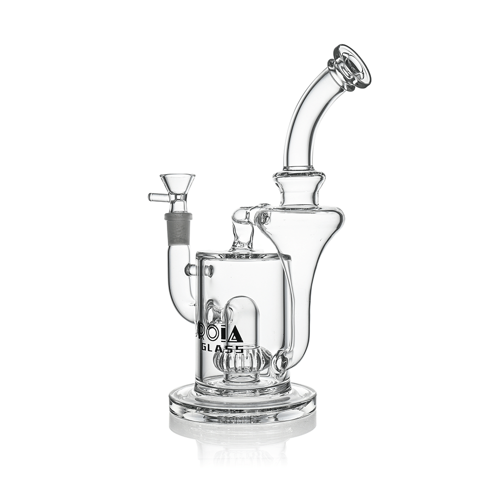 Studio-lit front view of the Croia Glass 10" Hourglass Recycler Scientific Bong with Crown Perc showing its clear glass chamber, curved mouthpiece, and visible crown perc.