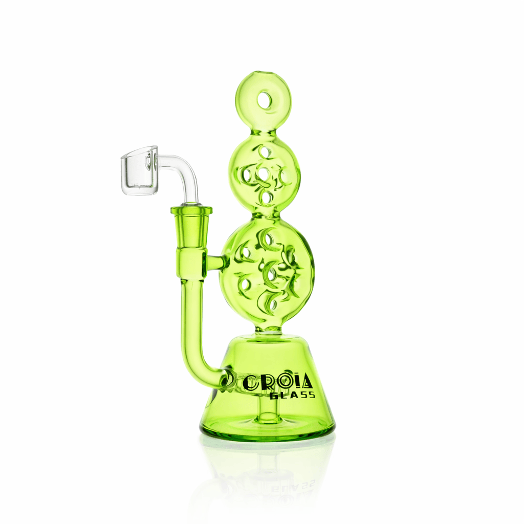 Front-facing studio shot of the Croia Glass 8" Triple Stack Swiss Perc Recycler Dab Rig | Croia Glass in translucent lime green against a white background.