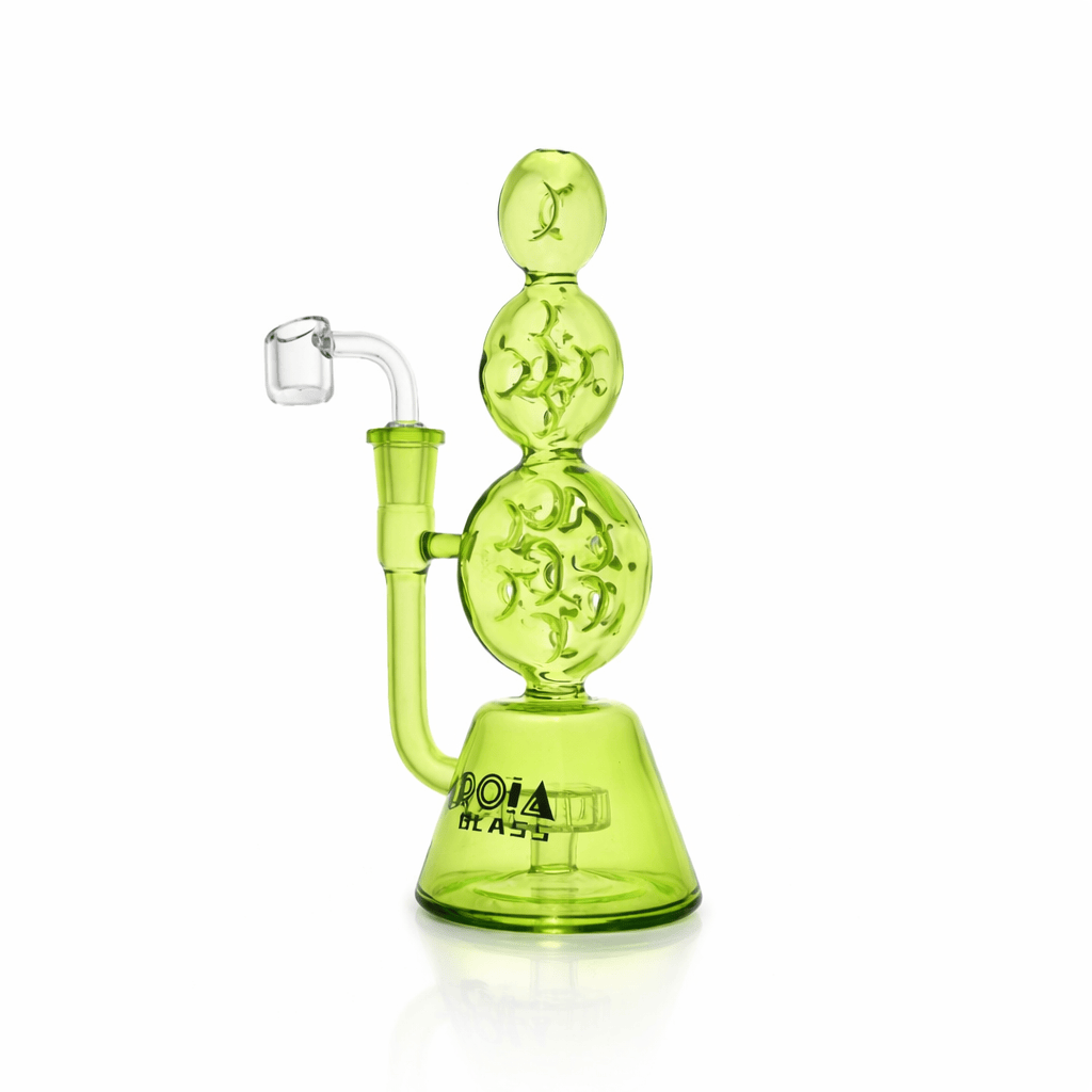 Front view of the lime green Croia Glass 8" Triple Stack Swiss Perc Recycler Dab Rig | Croia Glass showing stacked spherical chambers and a side-mounted banger on a white background