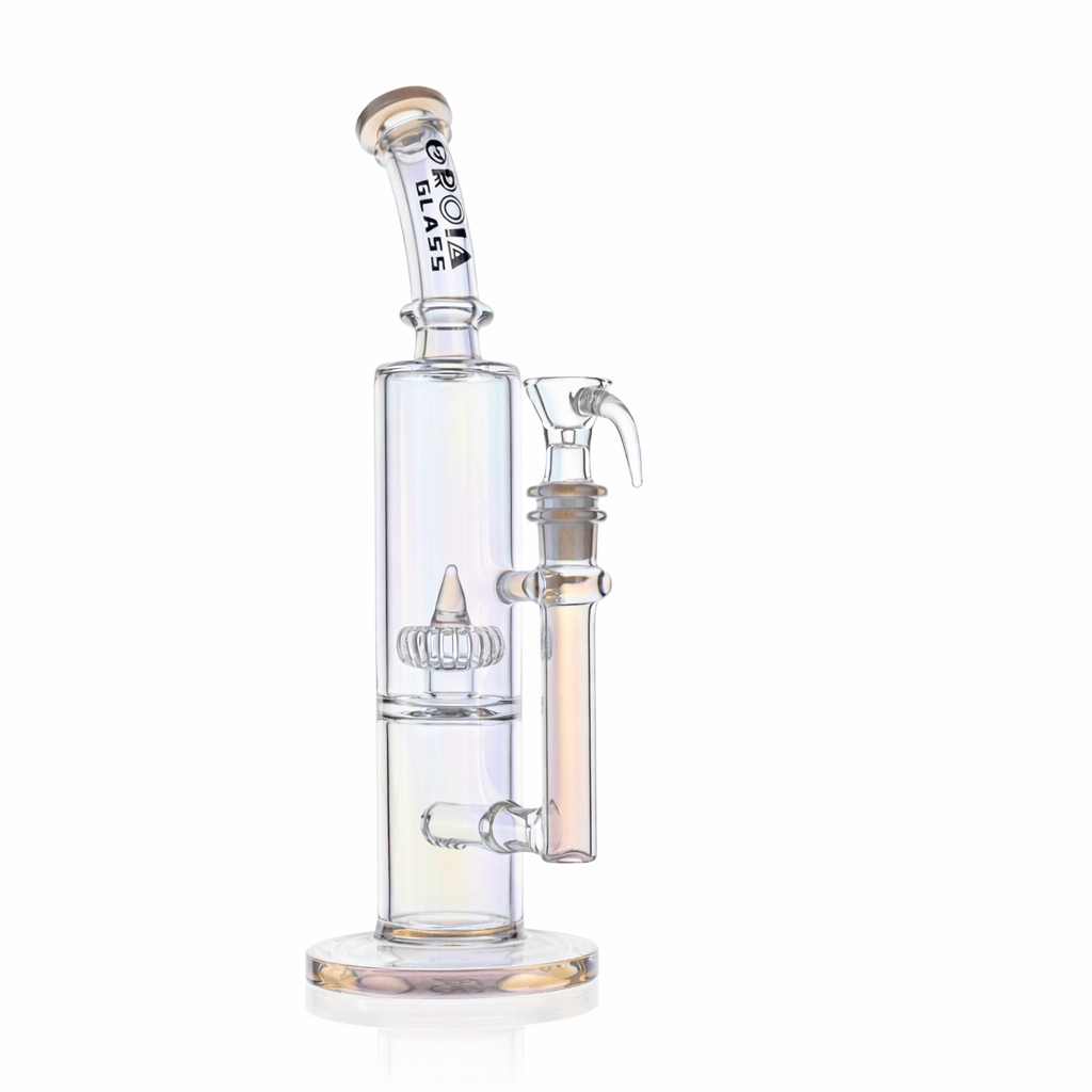Studio-lit side view of the Croia Glass 10" Dual Chamber Scientific Bong with Inline and Rocket Perc showing clear iridescent glass, angled mouthpiece, dual chambers and attached downstem.