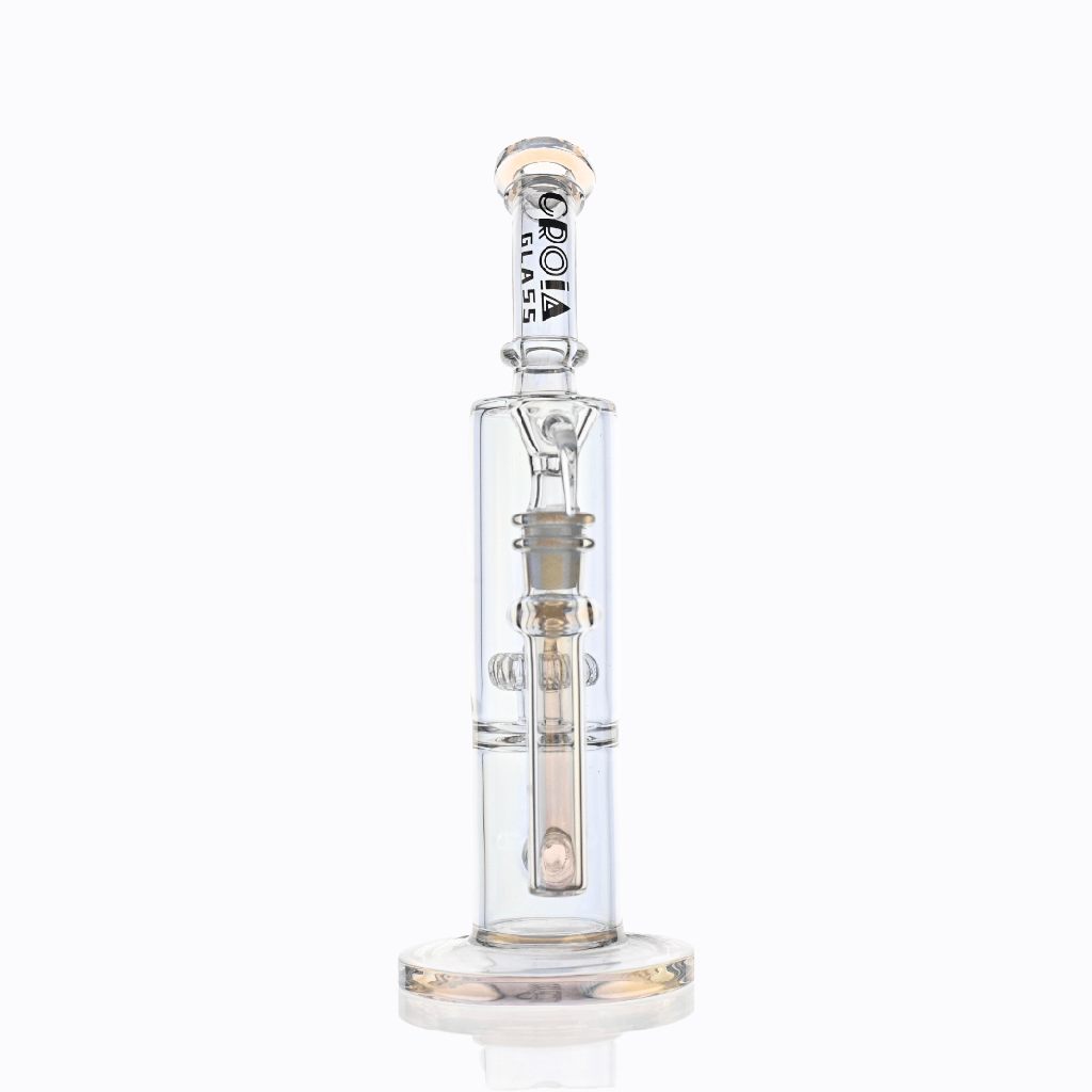Center-front view of the Croia Glass 10" Dual Chamber Scientific Bong with Inline and Rocket Perc | Croia Glass, shown in clear glass against a white background highlighting its dual chambers and internal percolators.