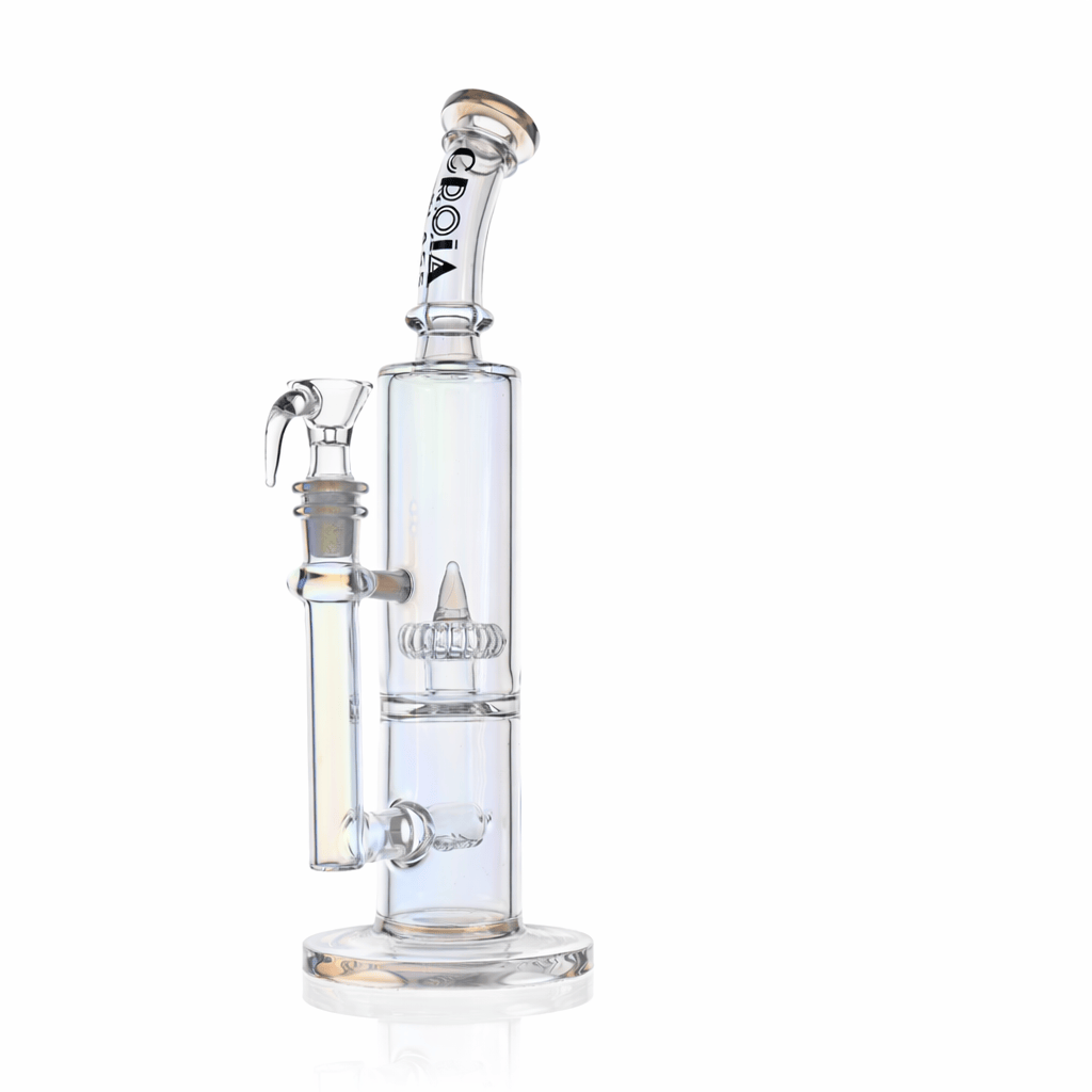 Studio-lit front view of the Croia Glass 10" Dual Chamber Scientific Bong with Inline and Rocket Perc | Croia Glass showing clear glass dual chambers and angled mouthpiece.