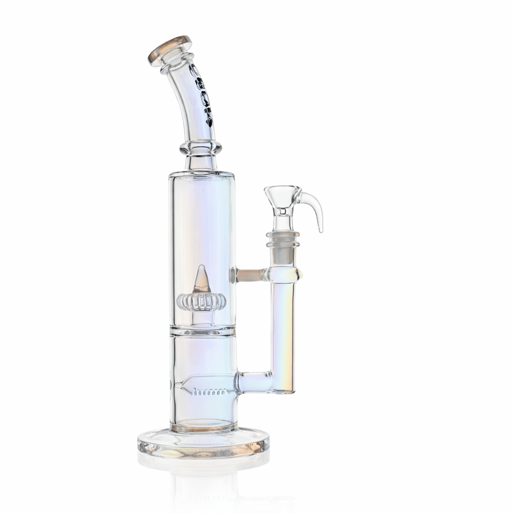 Right-facing studio shot of the Croia Glass 10" Dual Chamber Scientific Bong with Inline and Rocket Perc | Croia Glass showing its clear iridescent glass, angled mouthpiece, and dual stacked chambers.