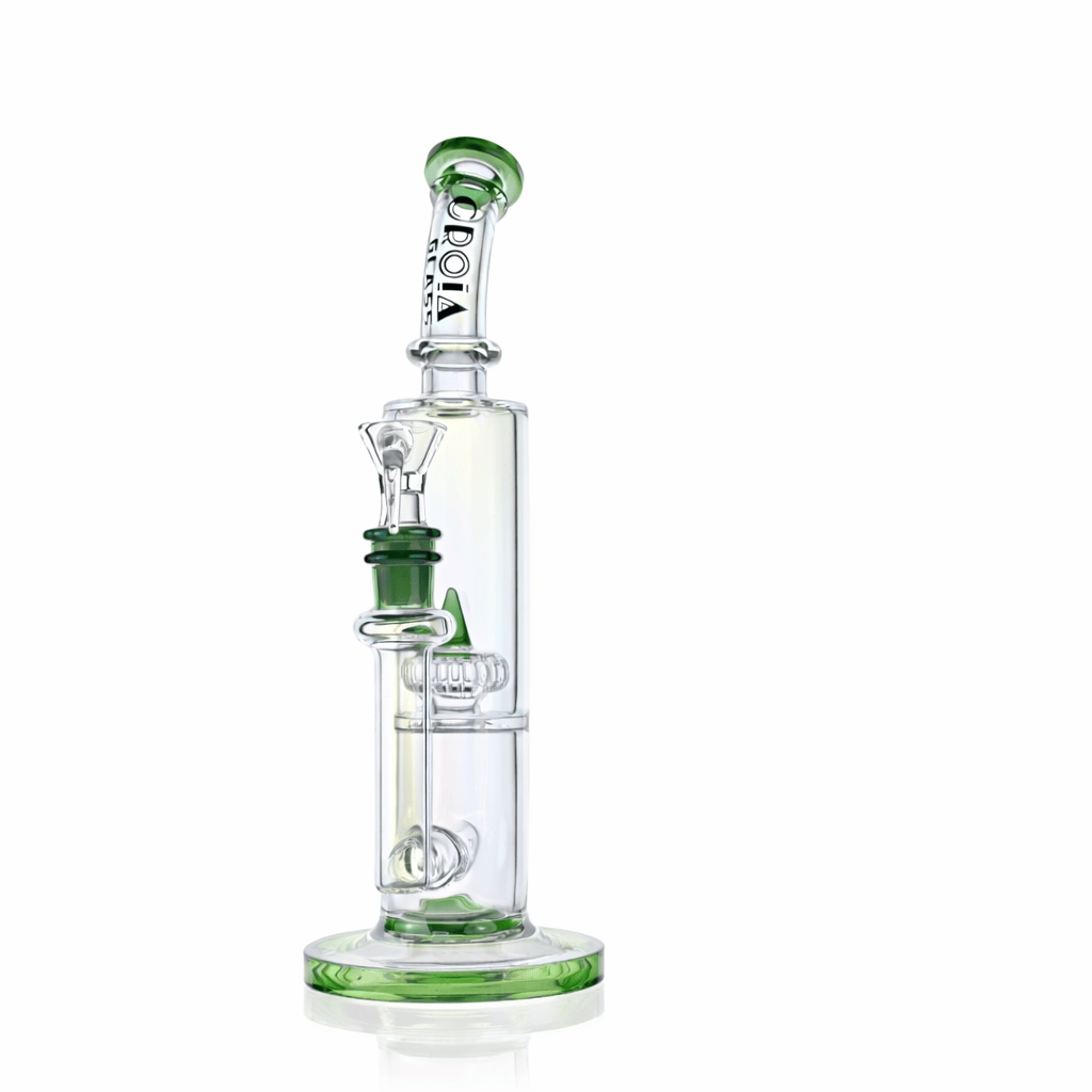 Straight-on view of the Croia Glass 10" Dual Chamber Scientific Bong with Inline and Rocket Perc | Croia Glass showing clear glass, green rim accents, and internal percolators.
