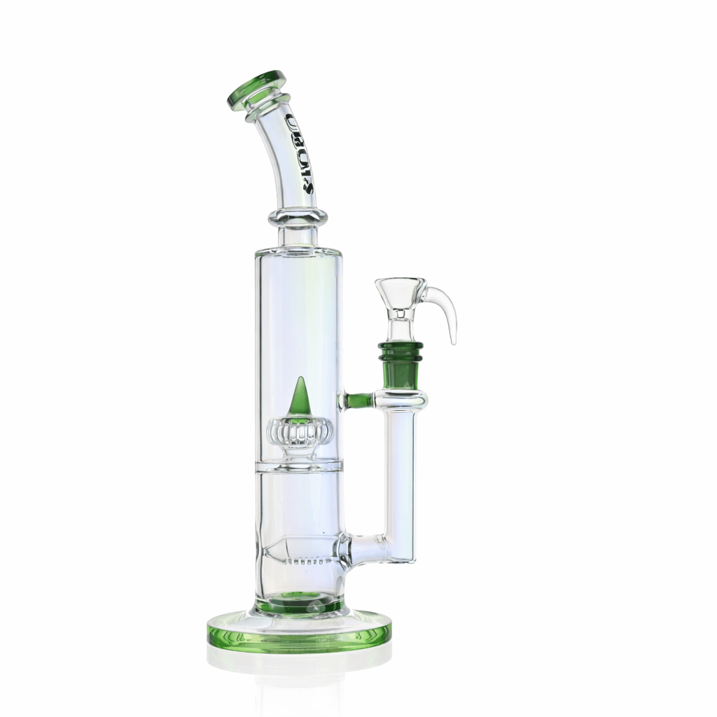 Studio-style front view of the Croia Glass 10" Dual Chamber Scientific Bong with Inline and Rocket Perc showing clear glass with green accents and a white background