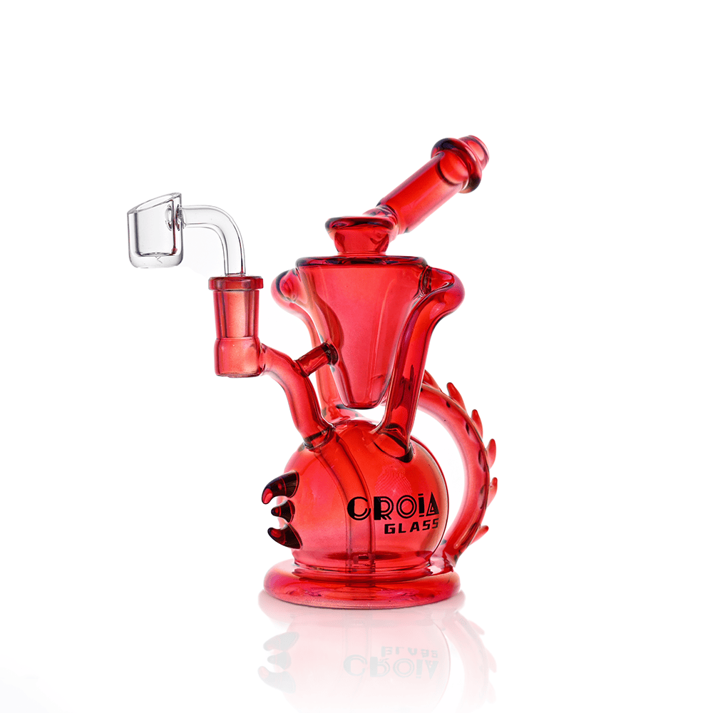 Front-facing view of the bright red Croia Glass 10" Dragon Spine Recycler Dab Rig on a white reflective background.