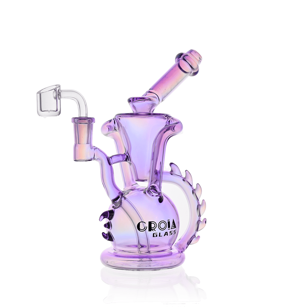 Front three-quarter view of the iridescent purple Croia Glass 10" Dragon Spine Recycler Dab Rig | Croia Glass on a white background.