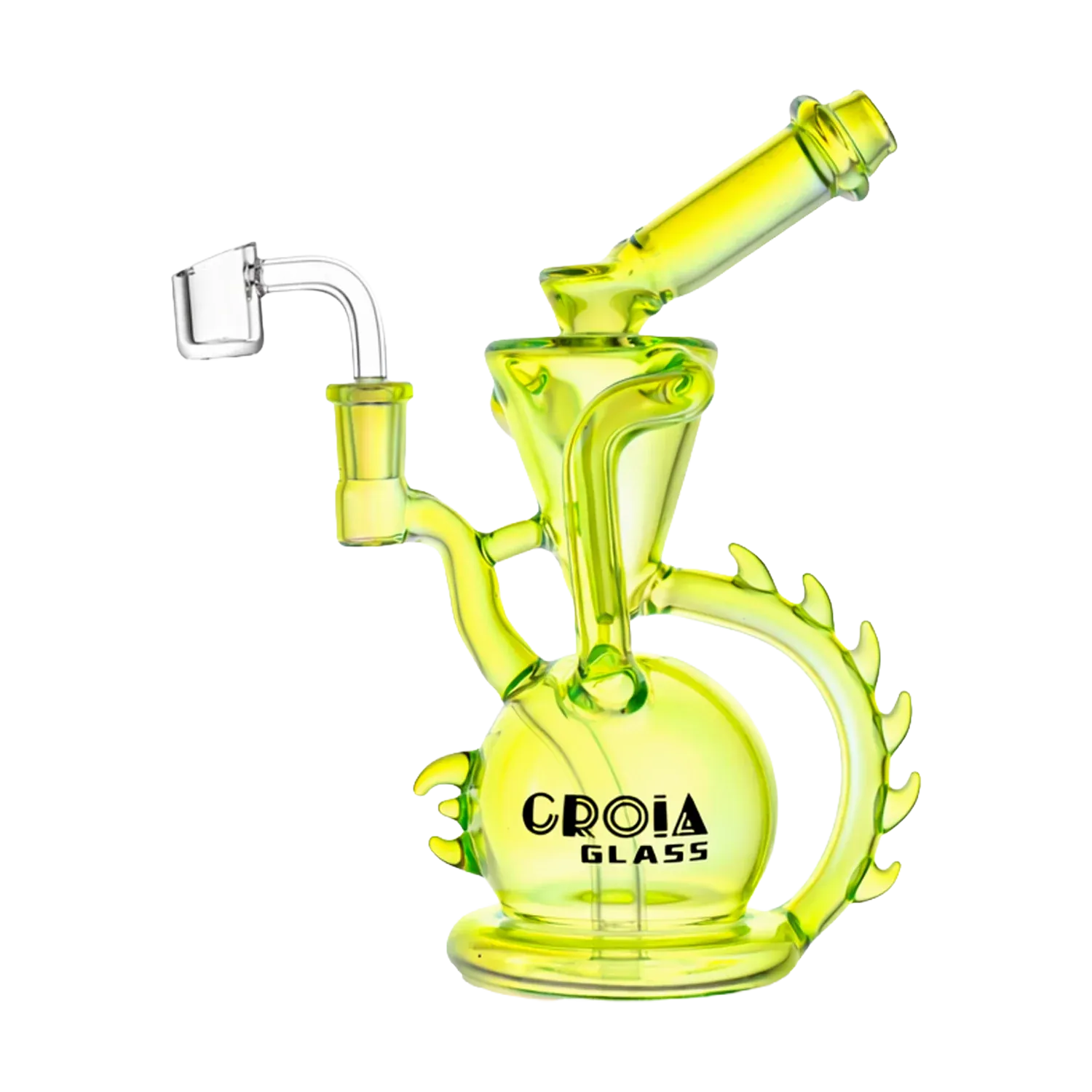 Angled close-up of the pink Croia Glass 10" Dragon Spine Recycler Dab Rig showing its curled handle, spiked circular back detail, and clear banger against a white background
