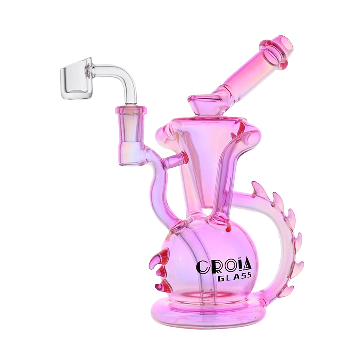 Angled close-up of the green Croia Glass 10" Dragon Spine Recycler Dab Rig showing its iridescent pink-green glass body, curved neck, claw-like spine handle, and clear banger.