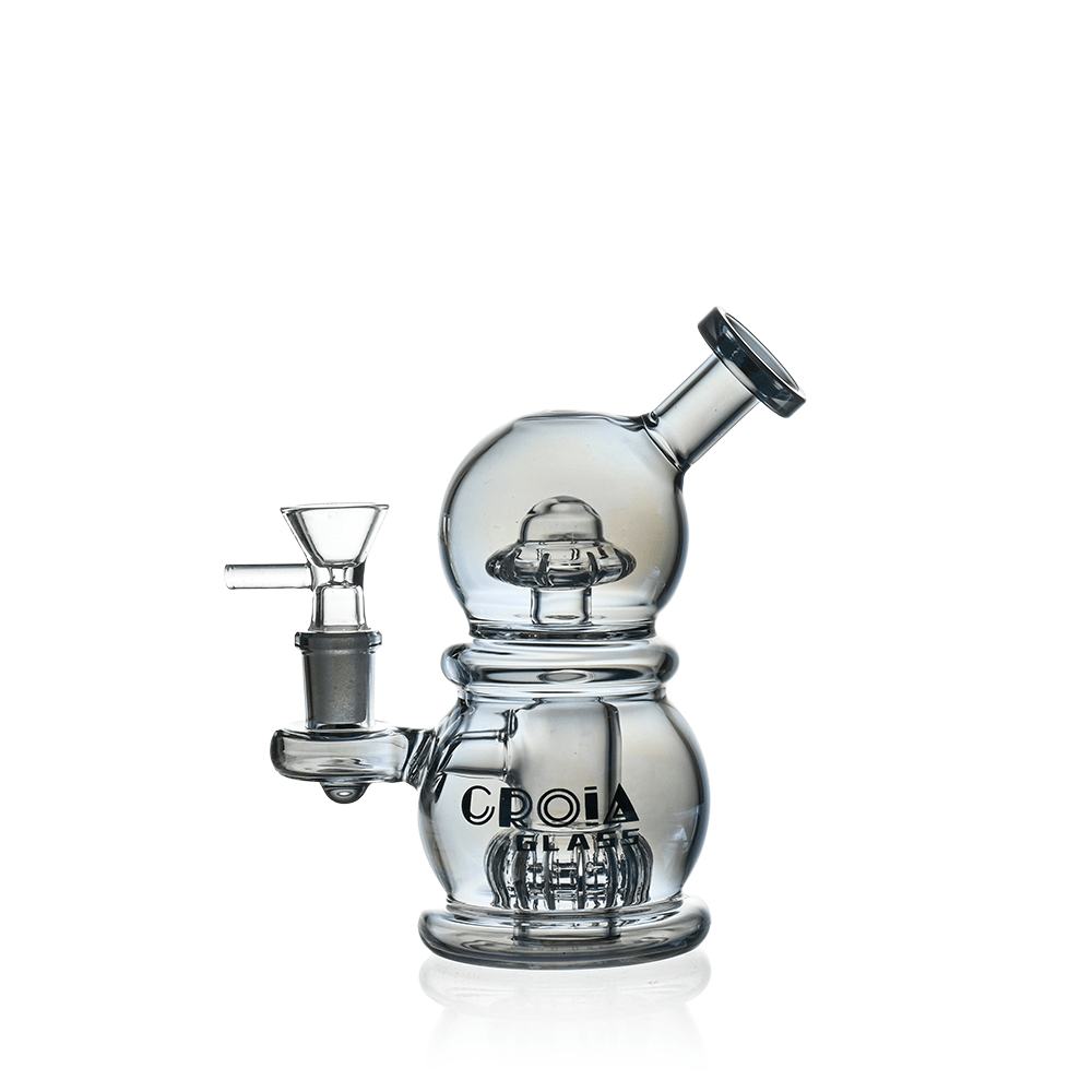 Front view of the Croia Glass 6" Mini Egg Dab Rig with Crown Perc, a clear double-bubbled glass rig angled slightly to the right on a white background.