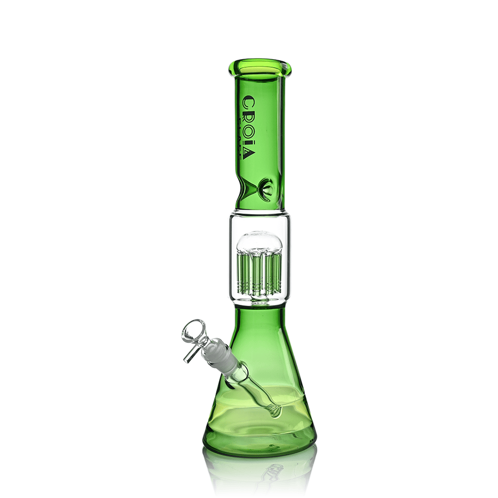 Front view of the Croia Glass 15" Beaker Bong with Tree Perc and Ice Catcher | Croia Glass in green glass showing its beaker base, central tree perc chamber, and angled downstem.