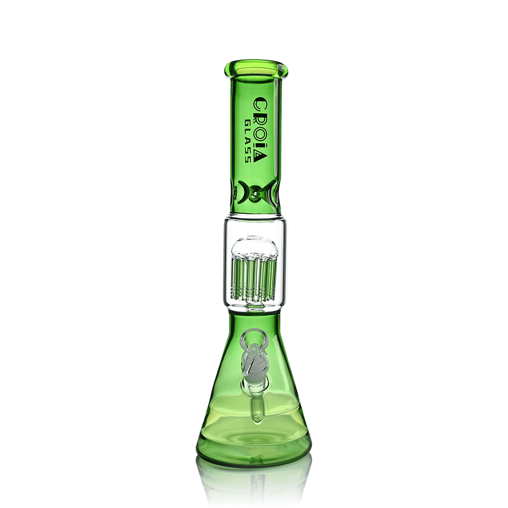 Center-front view of the Croia Glass 15" Beaker Bong with Tree Perc and Ice Catcher, shown in green glass against a white background.