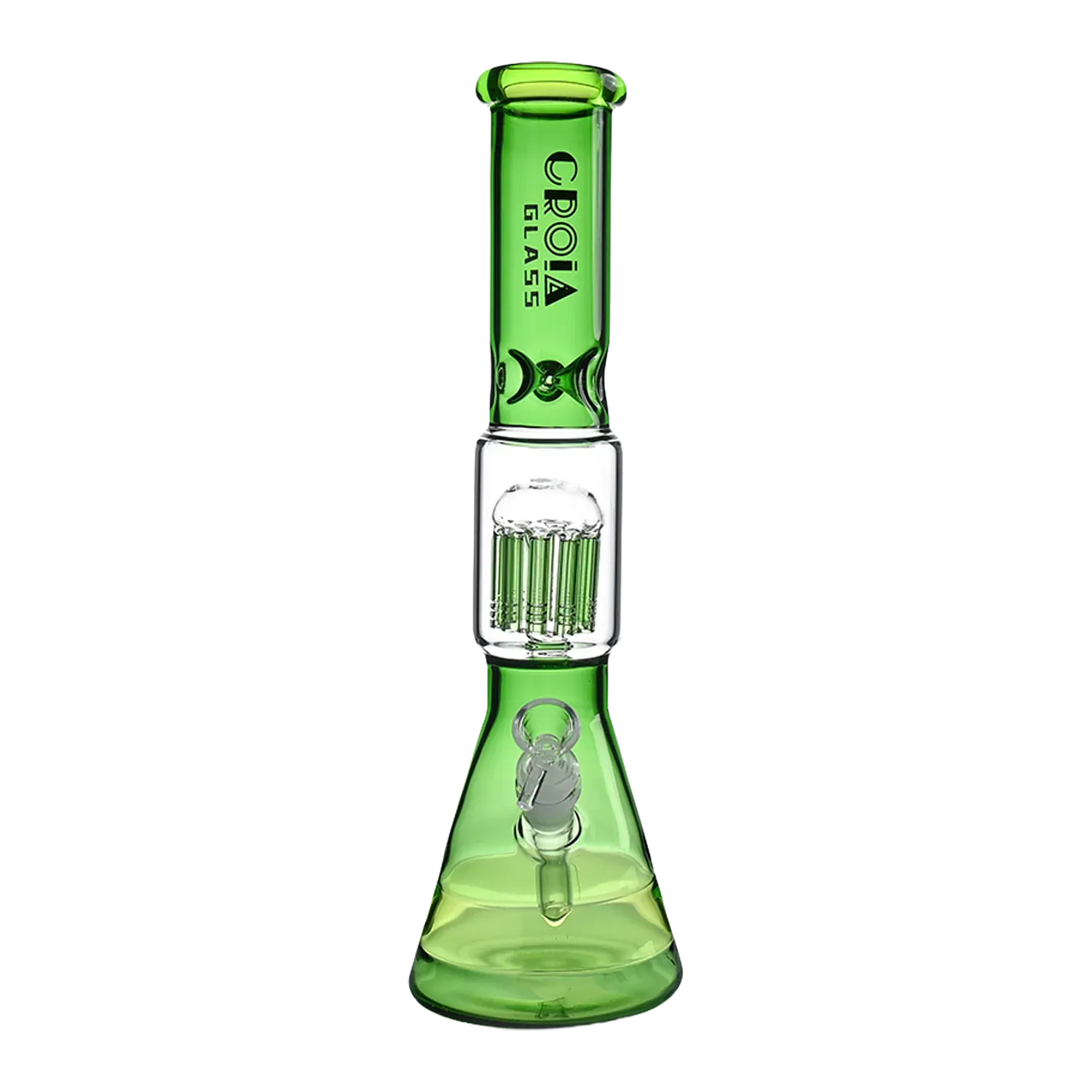 Centered, front view of the Croia Glass 15" Beaker Bong with Tree Perc and Ice Catcher showing its green neck, clear percolator chamber, and beaker base.