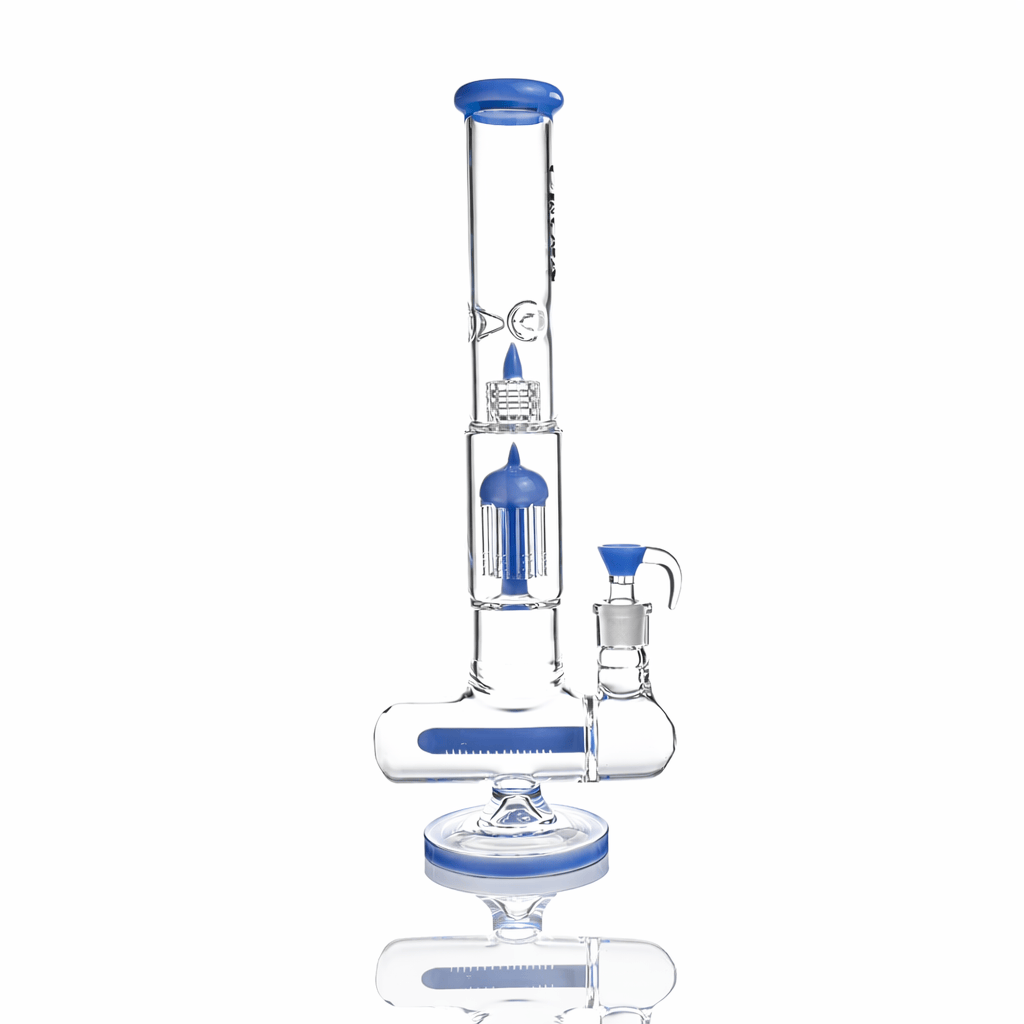 Front view of the Croia Glass 17" Triple Perc Scientific Glass Bong centered on white with blue accents and a mirrored reflection below