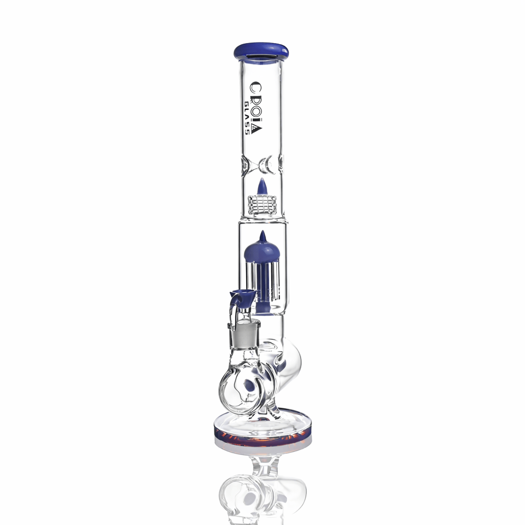 Tall front view of the Croia Glass 17" Triple Perc Scientific Glass Bong showing clear glass with blue accents, visible percolators, and a reflective white background