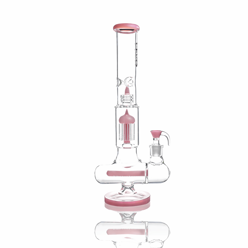 Center-front view of the clear Croia Glass 17" Triple Perc Scientific Glass Bong with pink accents, photographed on white with a soft reflection.