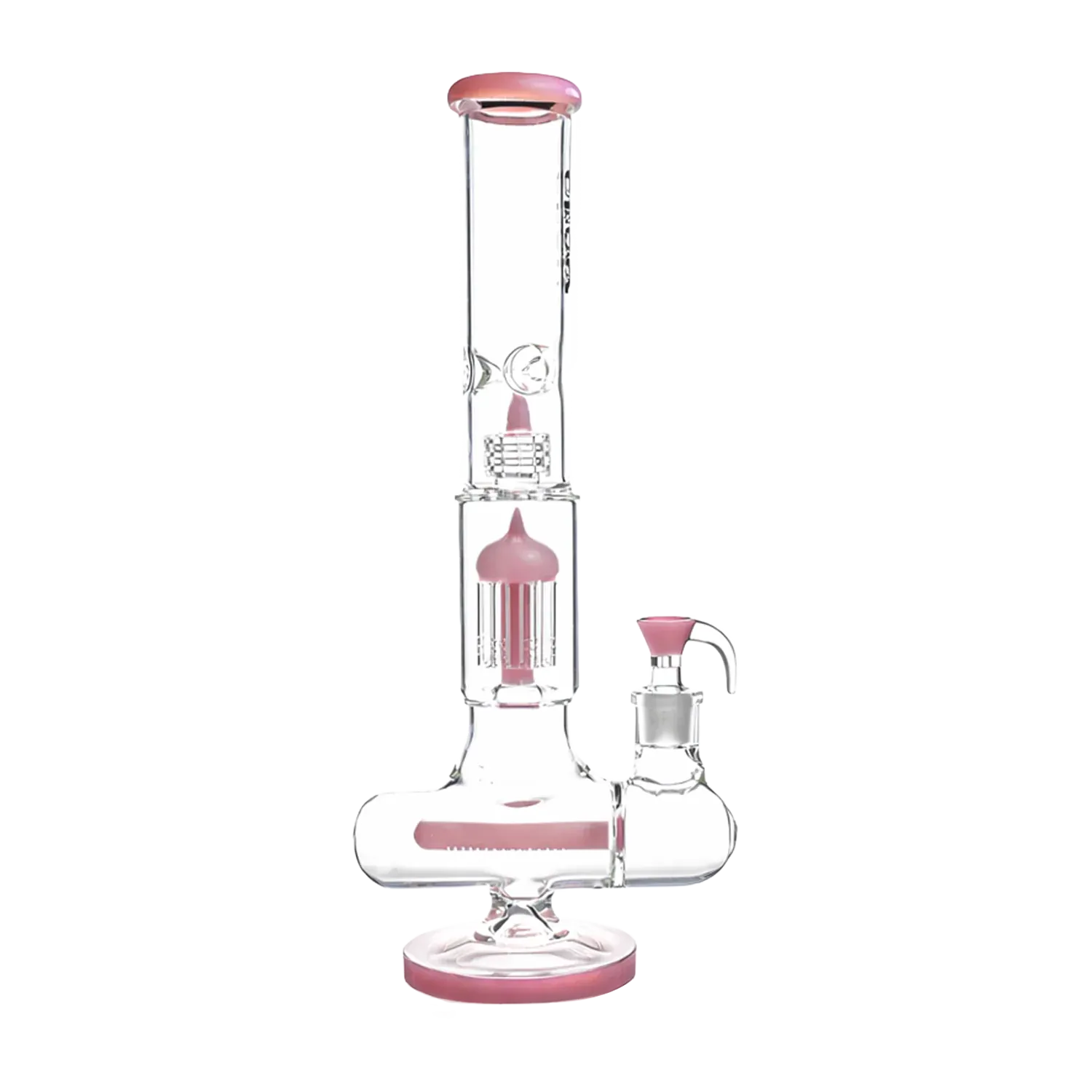 Straight-on studio view of the Croia Glass 17" Triple Perc Scientific Glass Bong | Croia Glass showing clear glass with jade purple accents on the mouthpiece, percolator, and base.