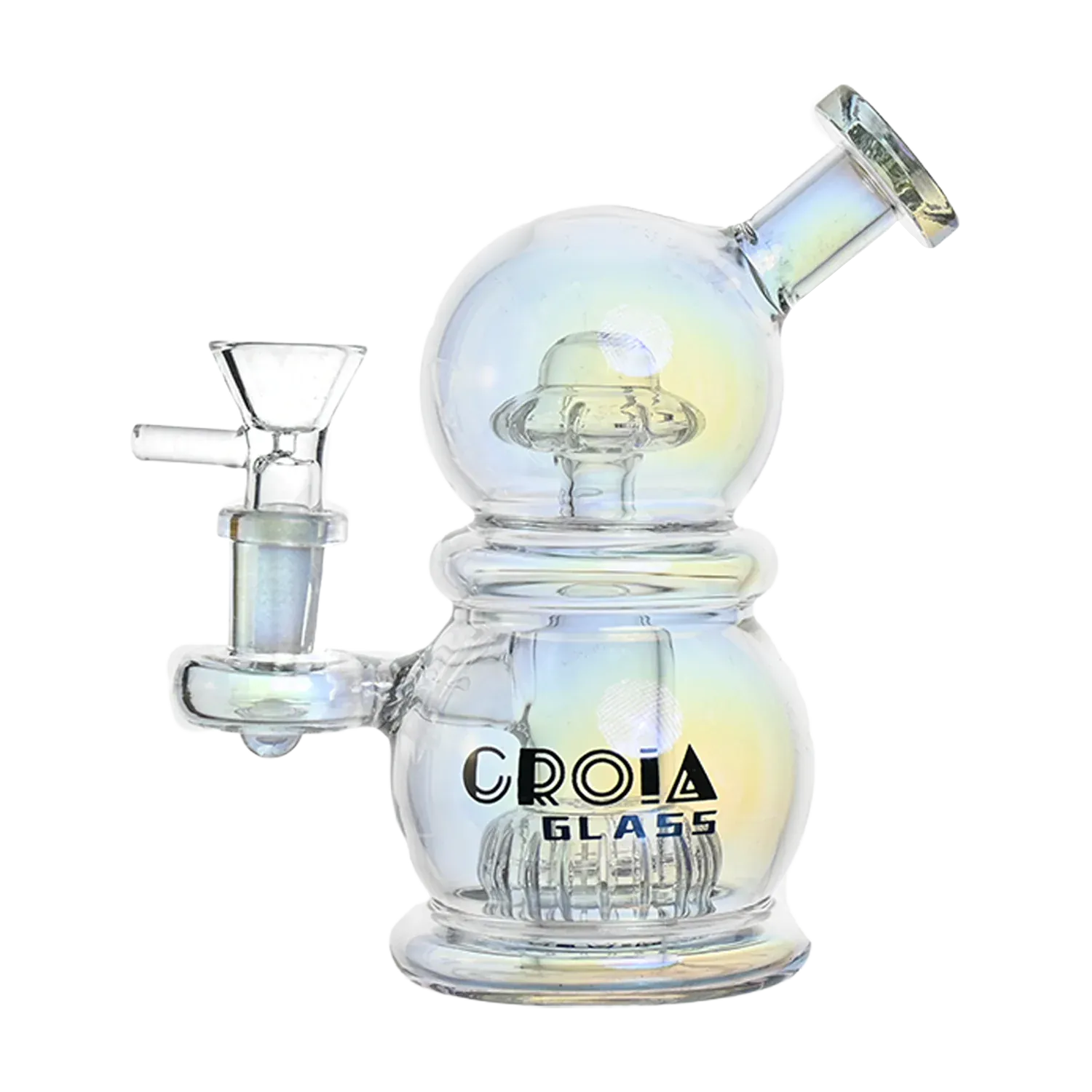 Front three-quarter view of the Croia Glass 6" Mini Egg Dab Rig with Crown Perc showing its iridescent gray double-bubble body, angled mouthpiece, and attached bowl against a white background