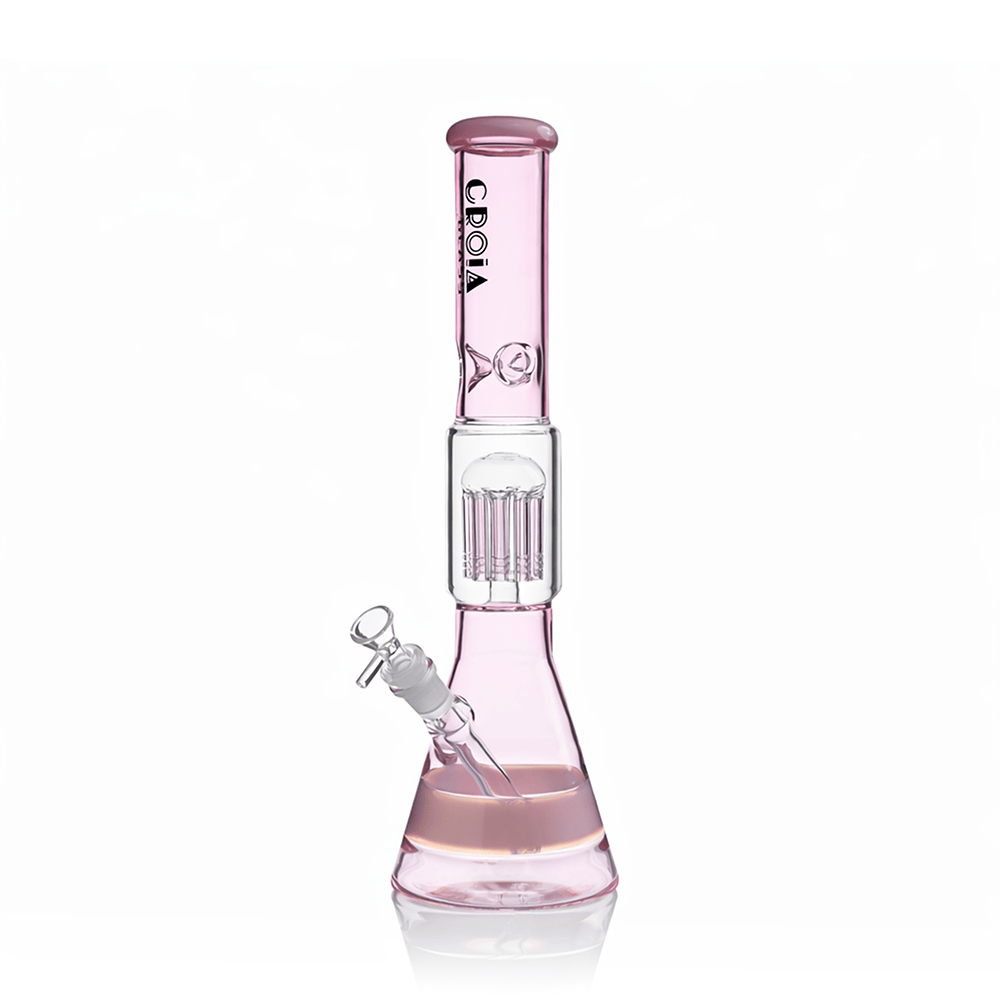 Centered front view of the Croia Glass 15" Beaker Bong with Tree Perc and Ice Catcher | Croia Glass in pale pink on a white background, showing the angled downstem, tree percolator and beaker base.