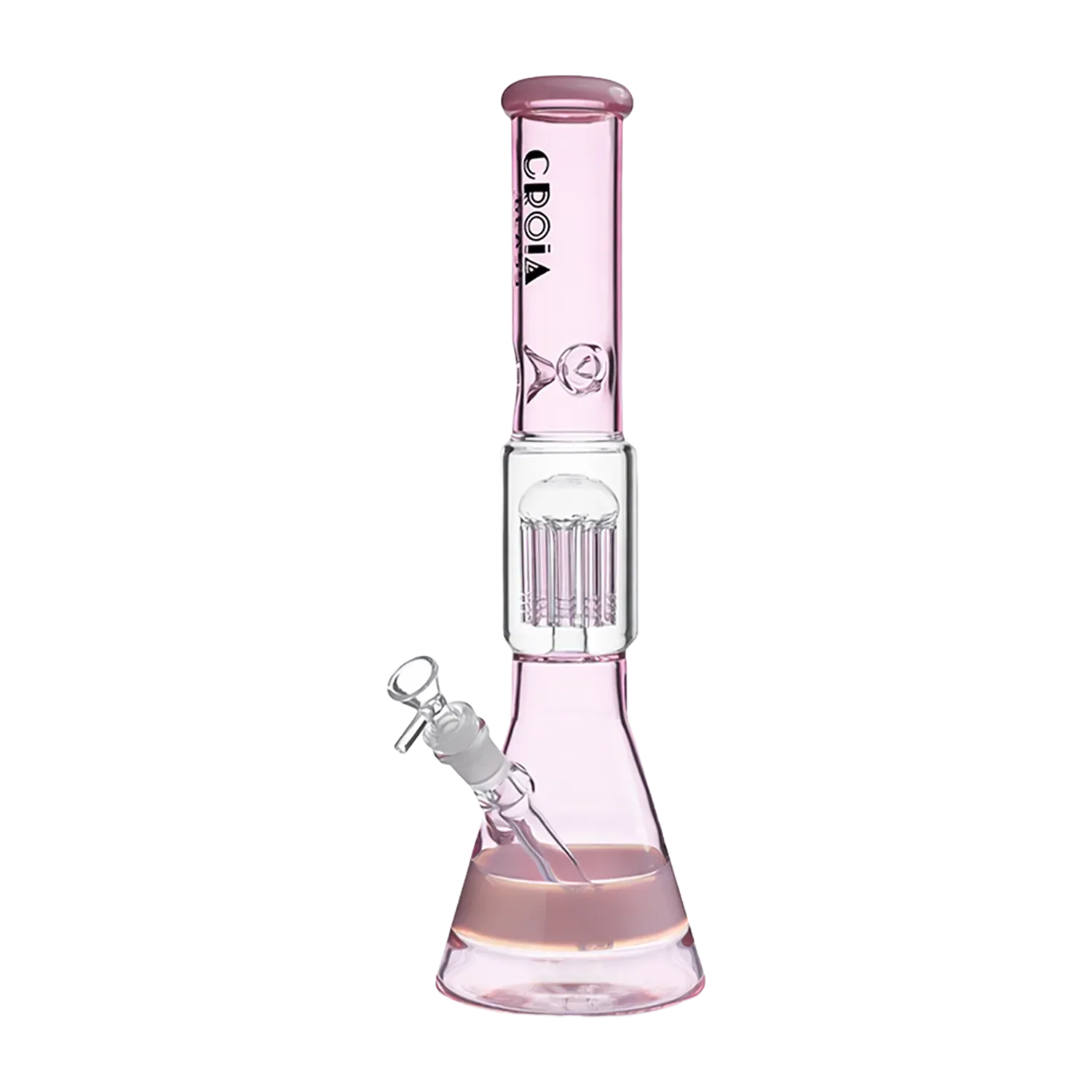 Straight-on view of the Croia Glass 15" Beaker Bong with Tree Perc and Ice Catcher showing its pink glass neck, percolator chamber, and beaker base.