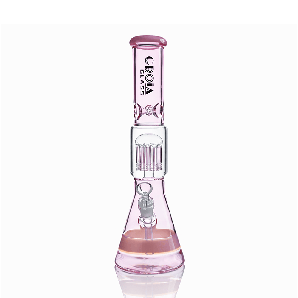 Front view of the Croia Glass 15" Beaker Bong with Tree Perc and Ice Catcher | Croia Glass in pale pink on a white background showing its beaker base, middle tree perc chamber, and straight neck.