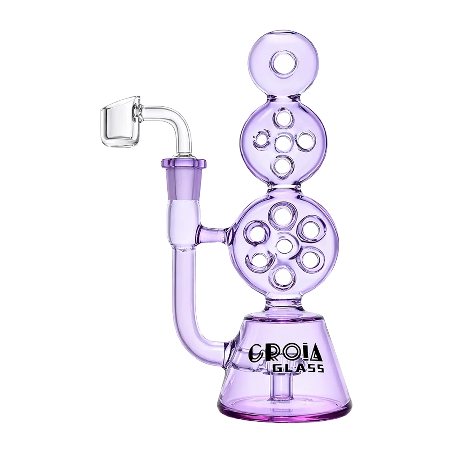 Right-side profile of the Croia Glass 8" Triple Stack Swiss Perc Recycler Dab Rig | Croia Glass in translucent fluorescent green glass showing stacked circular percs and a clear quartz banger.