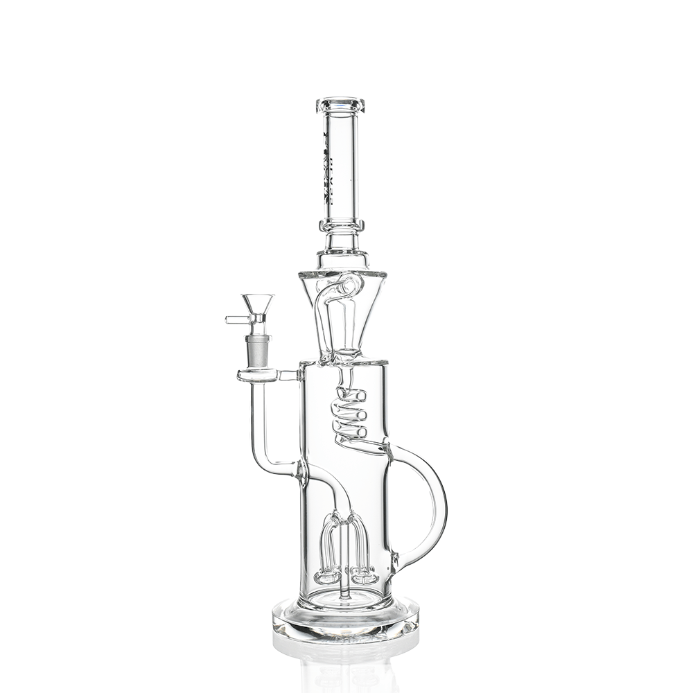 Studio-lit front view of the Croia Glass 15" Scientific Glass Bong with Tree Perc & Spiral Cooling on white.