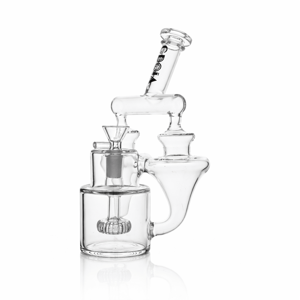 Three-quarter view of the Croia Glass 8" Twin Vortex Recycler Scientific Glass Water Pipe on a white background, showing its clear glass chambers, angled mouthpiece with logo, and internal percolator.