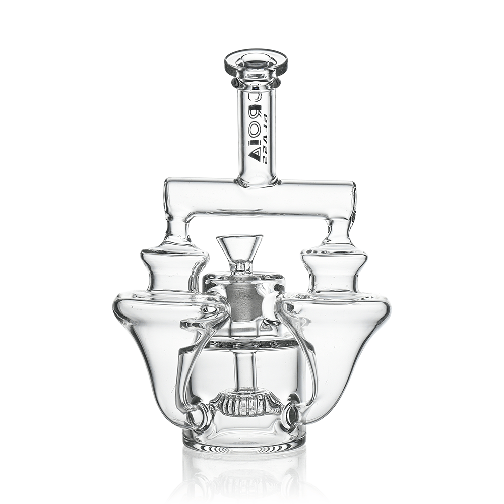 Centered studio shot of the Croia Glass 8" Twin Vortex Recycler Scientific Glass Water Pipe showing its clear twin-chambered, symmetrical glasswork and top mouthpiece.
