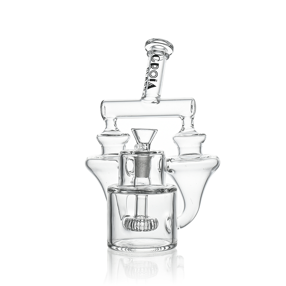 Front-facing studio shot of the Croia Glass 8" Twin Vortex Recycler Scientific Glass Water Pipe | Croia Glass showing its clear dual-chamber vortex design and angled mouthpiece.