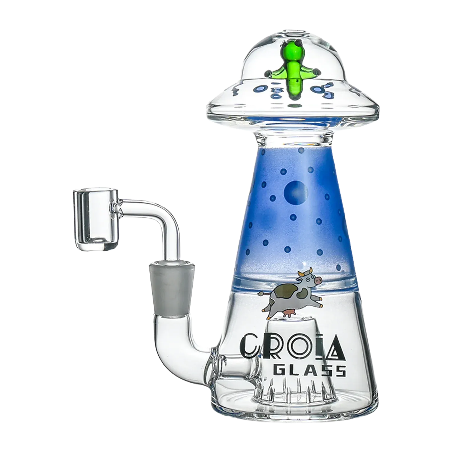 Three-quarter view of the Croia Glass UFO Alien Dab Rig with Showerhead Perc showing a blue, UFO-shaped midsection with a small green alien under the clear dome and a cow decal on the base.