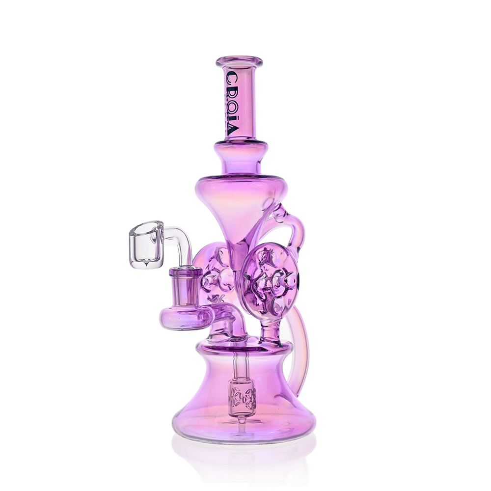 Studio-lit front view of the purple Croia Glass 10" Dual Swiss Perc Klein Recycler Dab Rig showing its stacked chambers and curved recycler tubes.
