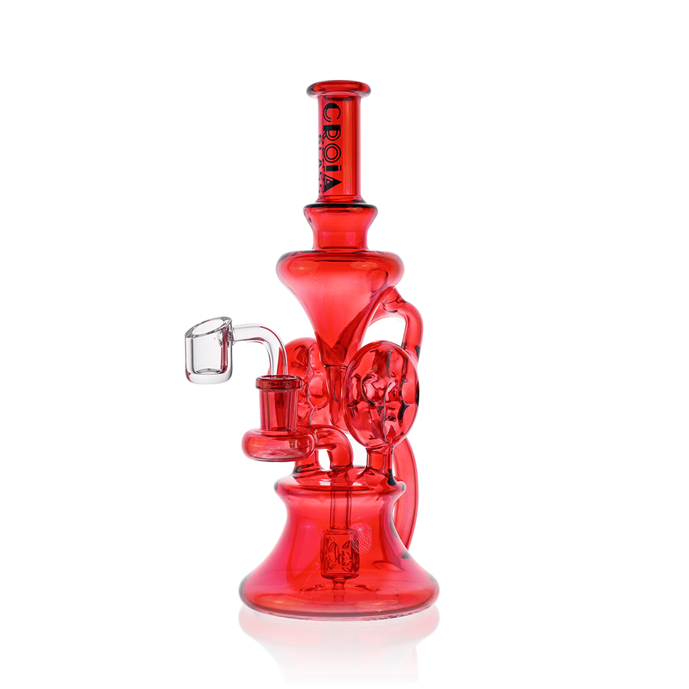 Front view of the red Croia Glass 10" Dual Swiss Perc Klein Recycler Dab Rig | Croia Glass on a white background.