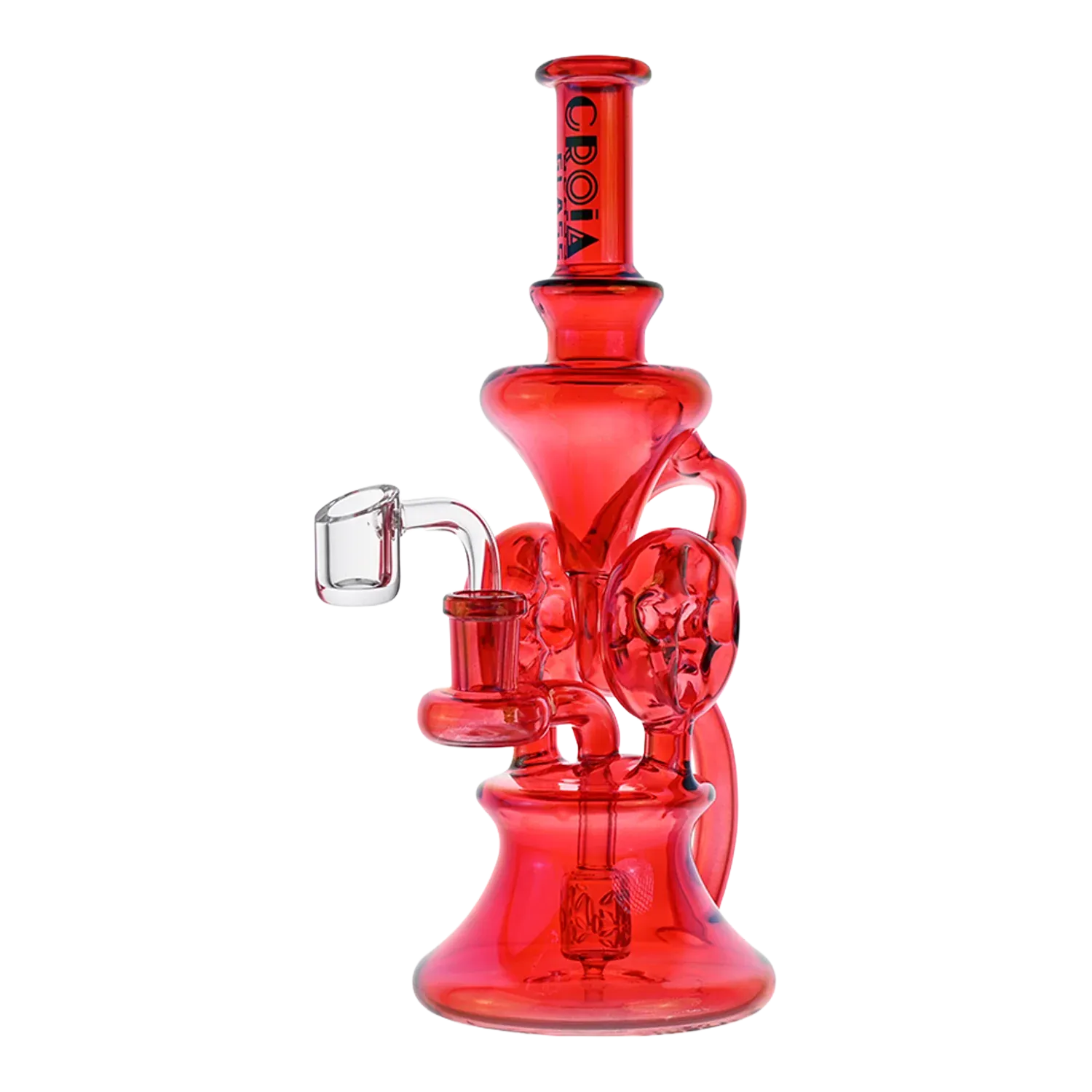 Three-quarter view of the fluorescent red Croia Glass 10" Dual Swiss Perc Klein Recycler Dab Rig | Croia Glass showing its stacked chambers, recycler loops, and clear quartz banger against a white background.