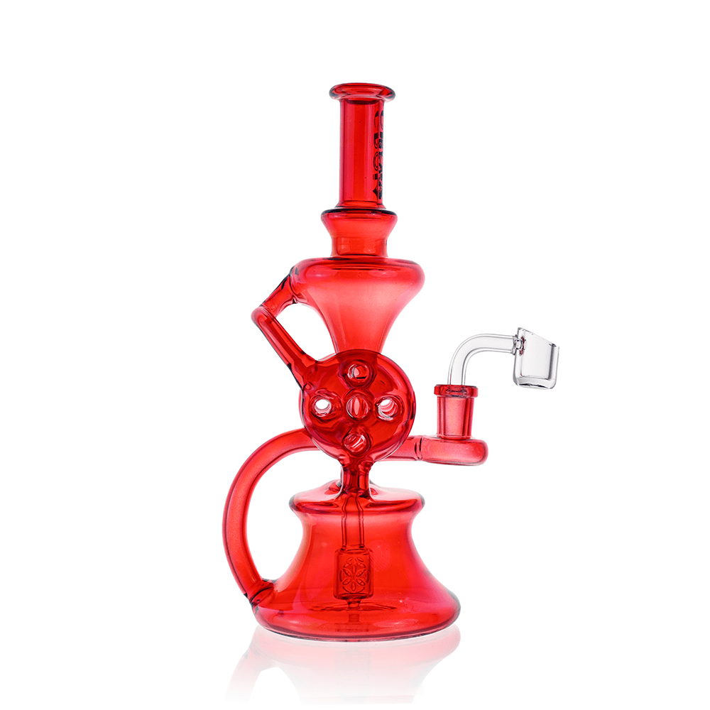 Front-facing view of a translucent red Croia Glass 10" Dual Swiss Perc Klein Recycler Dab Rig | Croia Glass on a white background, showing its round recycler chamber, angled mouthpiece, and clear quartz banger.