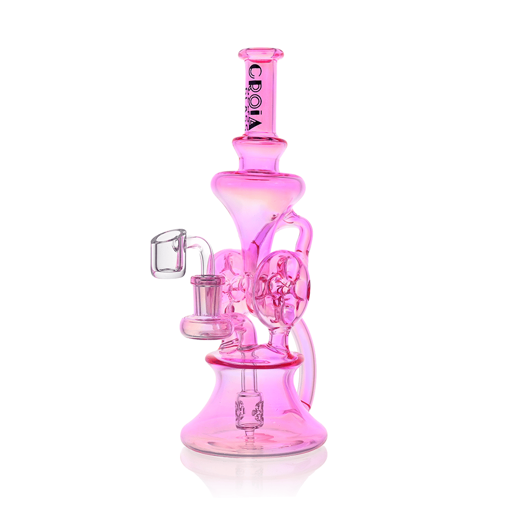 Front view of a pink Croia Glass 10" Dual Swiss Perc Klein Recycler Dab Rig | Croia Glass showing its stacked chambers, curved recycler loop, and clear quartz banger against a white background
