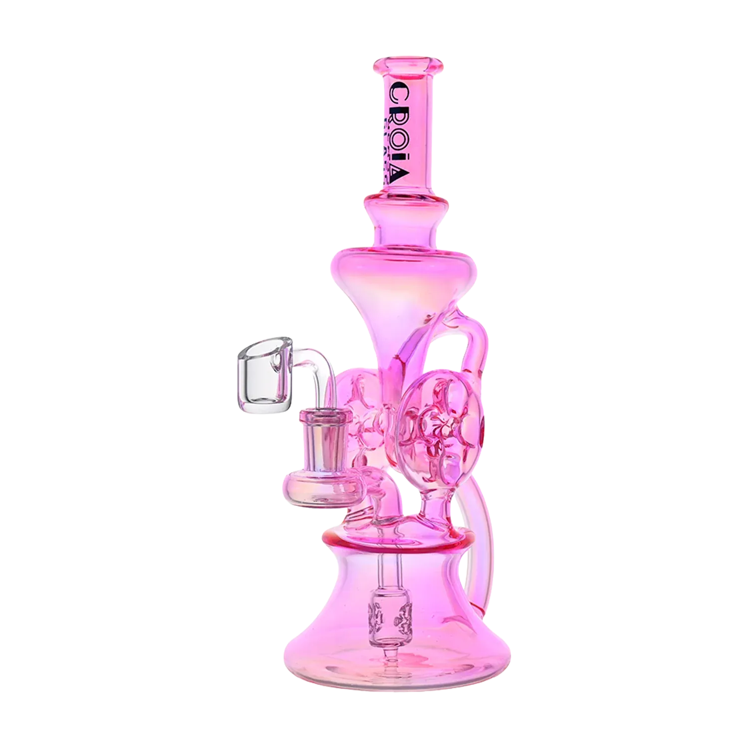 Side view of the purple Croia Glass 10" Dual Swiss Perc Klein Recycler Dab Rig | Croia Glass against a white background.